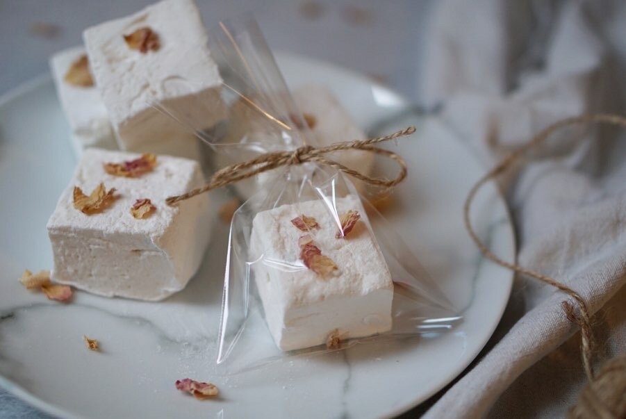 Homemade rose petal marshmallow wedding favours