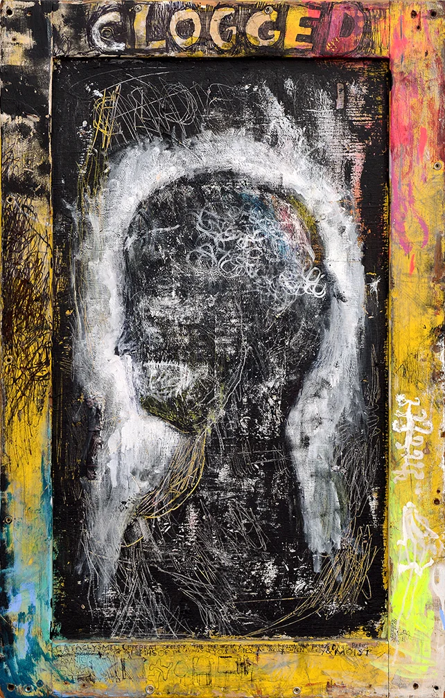 CLOGGED Mixed Media on Found Wood 25 X 39 inches