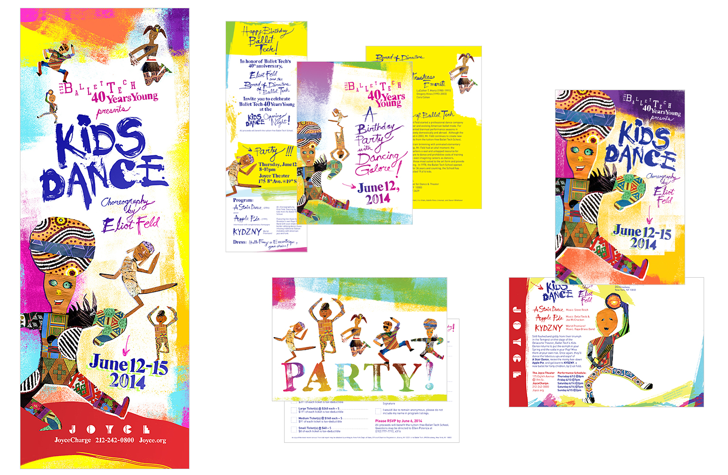 "KIDS DANCE, called “a New York City treasure” by The New York Times, makes its annual visit to The Joyce where Ballet Tech’s remarkably poised, scrupulously schooled, and impeccably rehearsed whiz-kid dancers work all year to dance for audiences young and old." I designed the Kids Dance annual marketing campaign for Ballet Tech since 2014 including branding, posters, invitations, postcards, T-shirts and awards. ©2019 Linda Zacks. People collages by the Ballet Tech students.