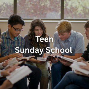 Group of four teenagers sitting together, reading books, with a window in the background, during a teen Sunday school class.