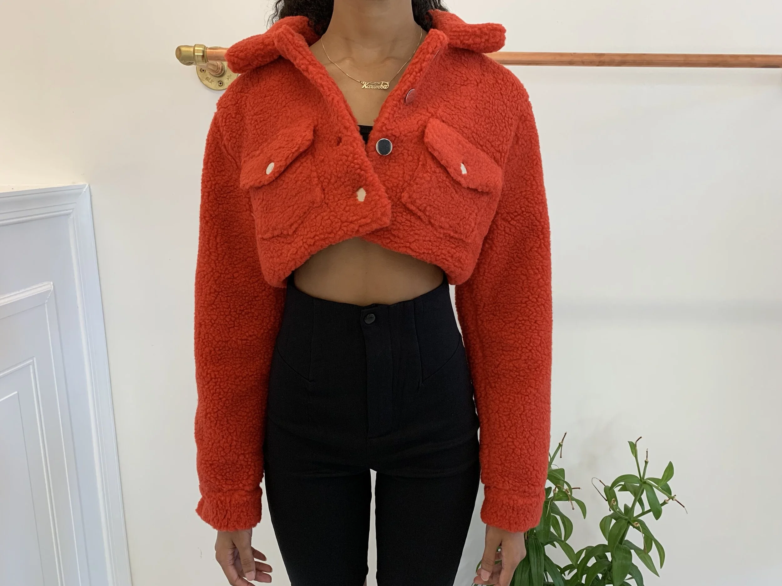 red cropped teddy jacket