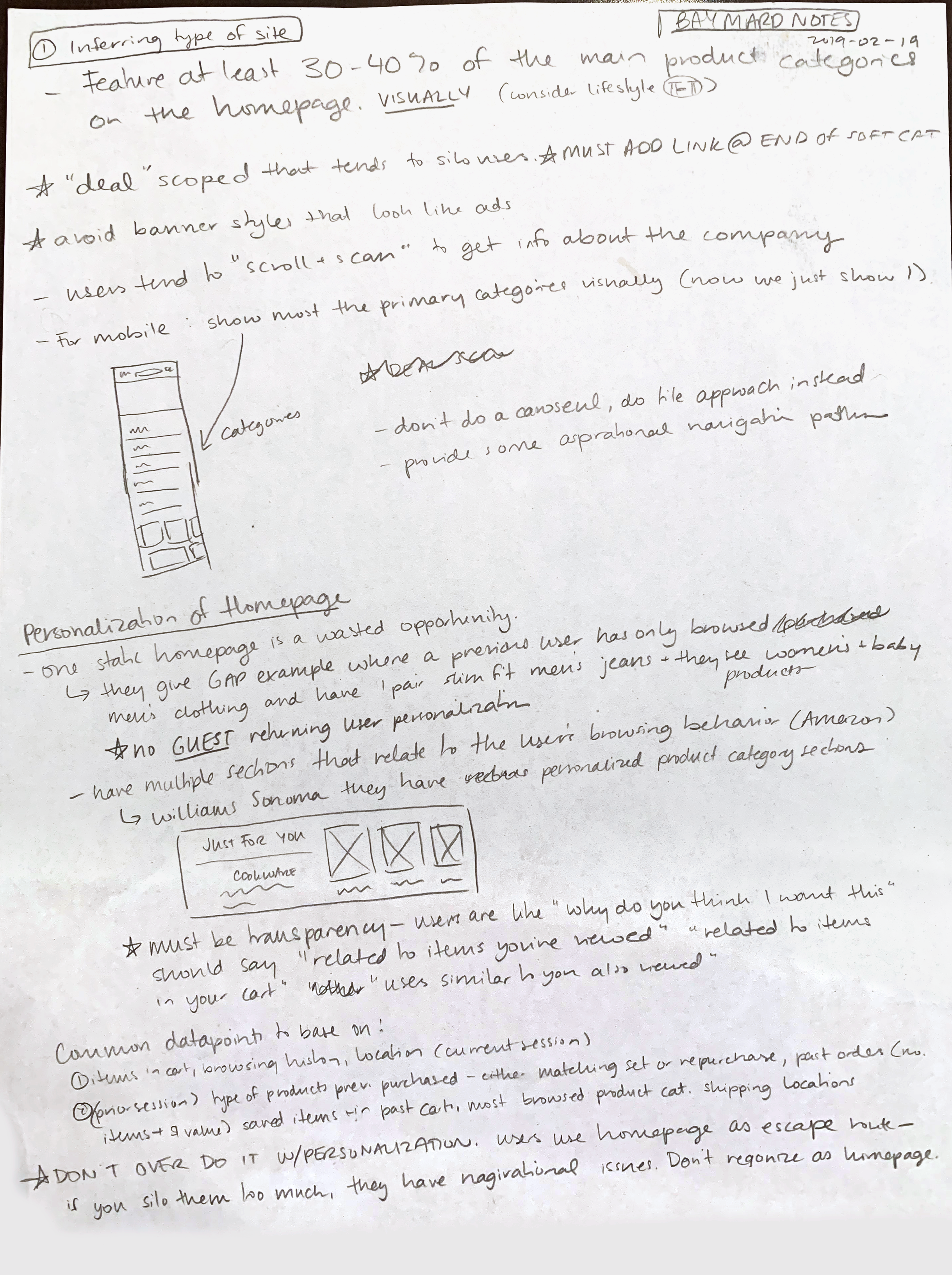 During this stage, I read through Baymard’s e-commerce usability document on Homepage.