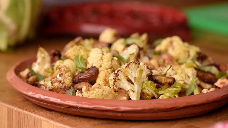  Roasted Cauliflower Salad with Dates, Green Garlic, Pickled Raisins, Hazelnuts, Sumac & Mint