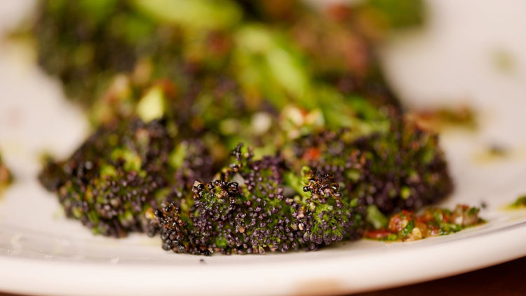  Purple Sprouting Broccoli with Pepper Salsa Verde & Olives