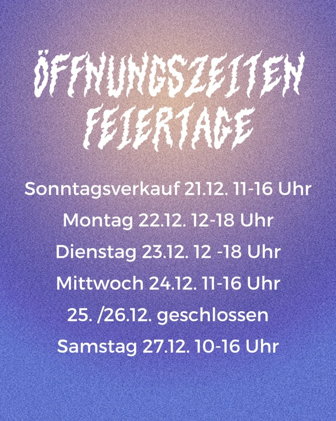 Wir sind durchgehend OPEN bis Weihnachten - beachte die &Ouml;ffnungszeiten ✨😉 nach dem 27.12. machen wir Pause bis 5.1.26 ⏸️

Bazaarlove: Finde dein Geschenk oder dein Mitbringsel oder dein ganz pers&ouml;nliches Lieblingsst&uuml;ck bei uns!

 BAZA