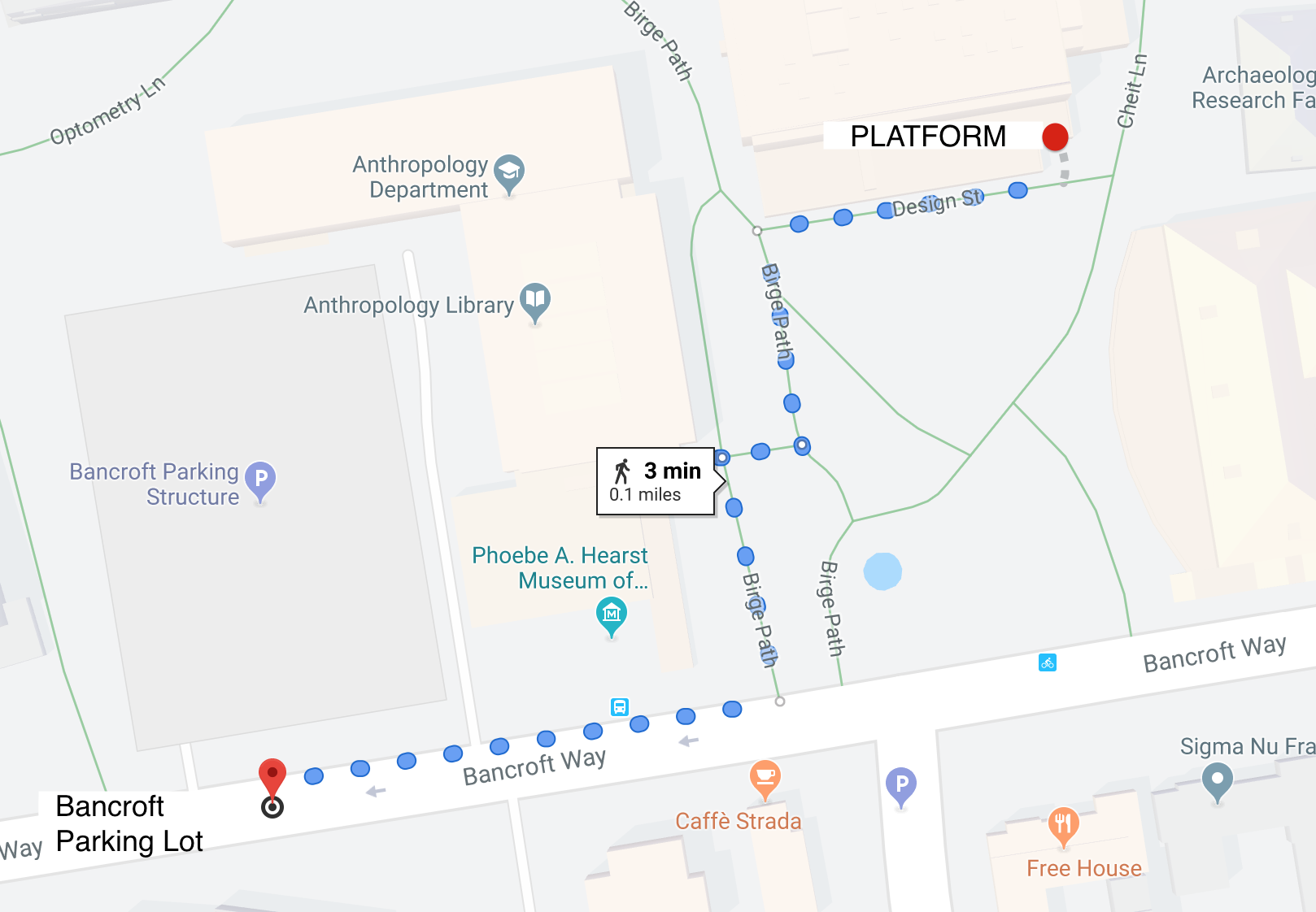Platform is accessible at the gated entrance next to the bike racks on the south side of Wurster Hall. Additionally, during events, the door to Wurster Hall room 178 is open and accessible from the interior of the building.
