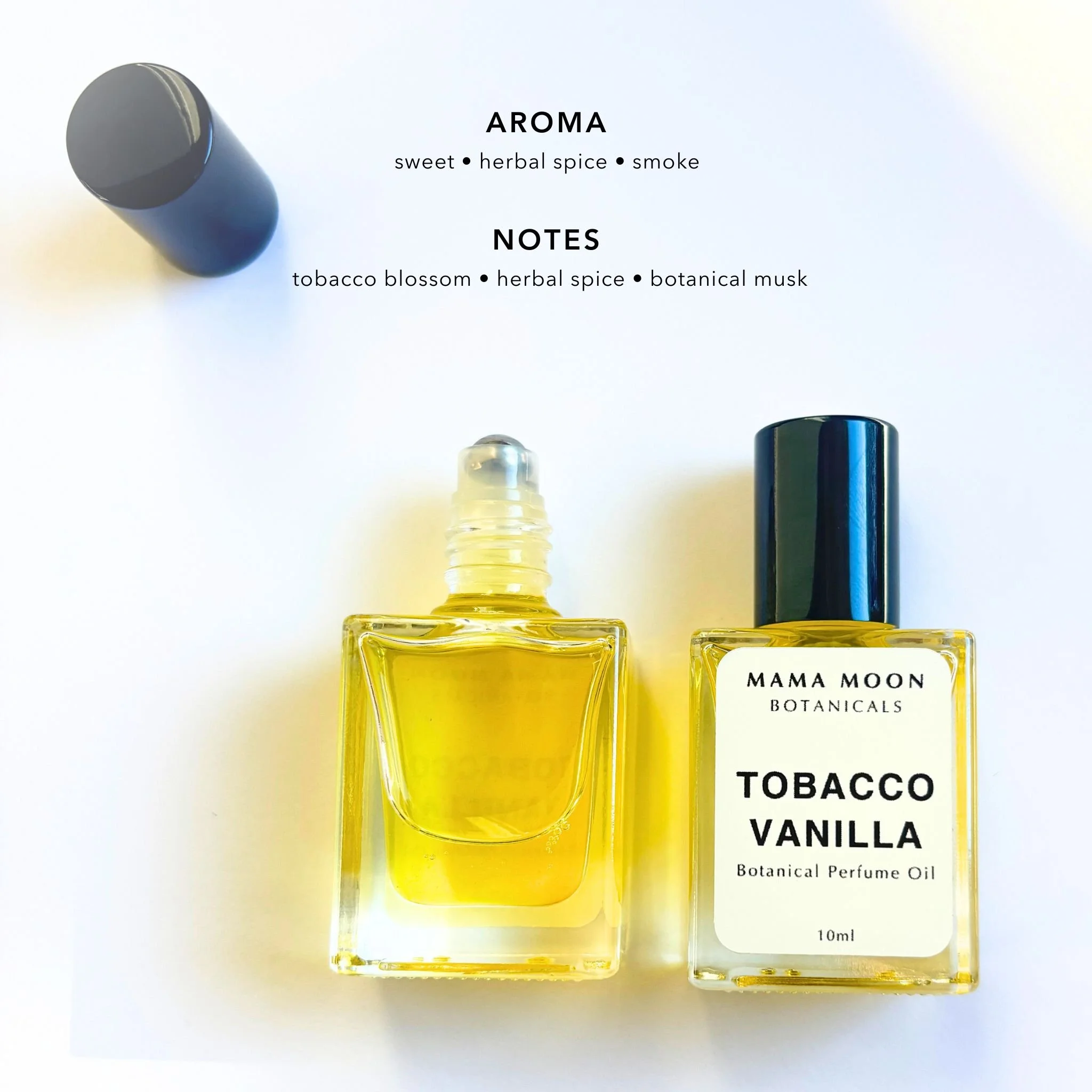 Tobacco Vanilla botanical perfume oil with tobacco blossom, vanilla, tonka bean, and amber