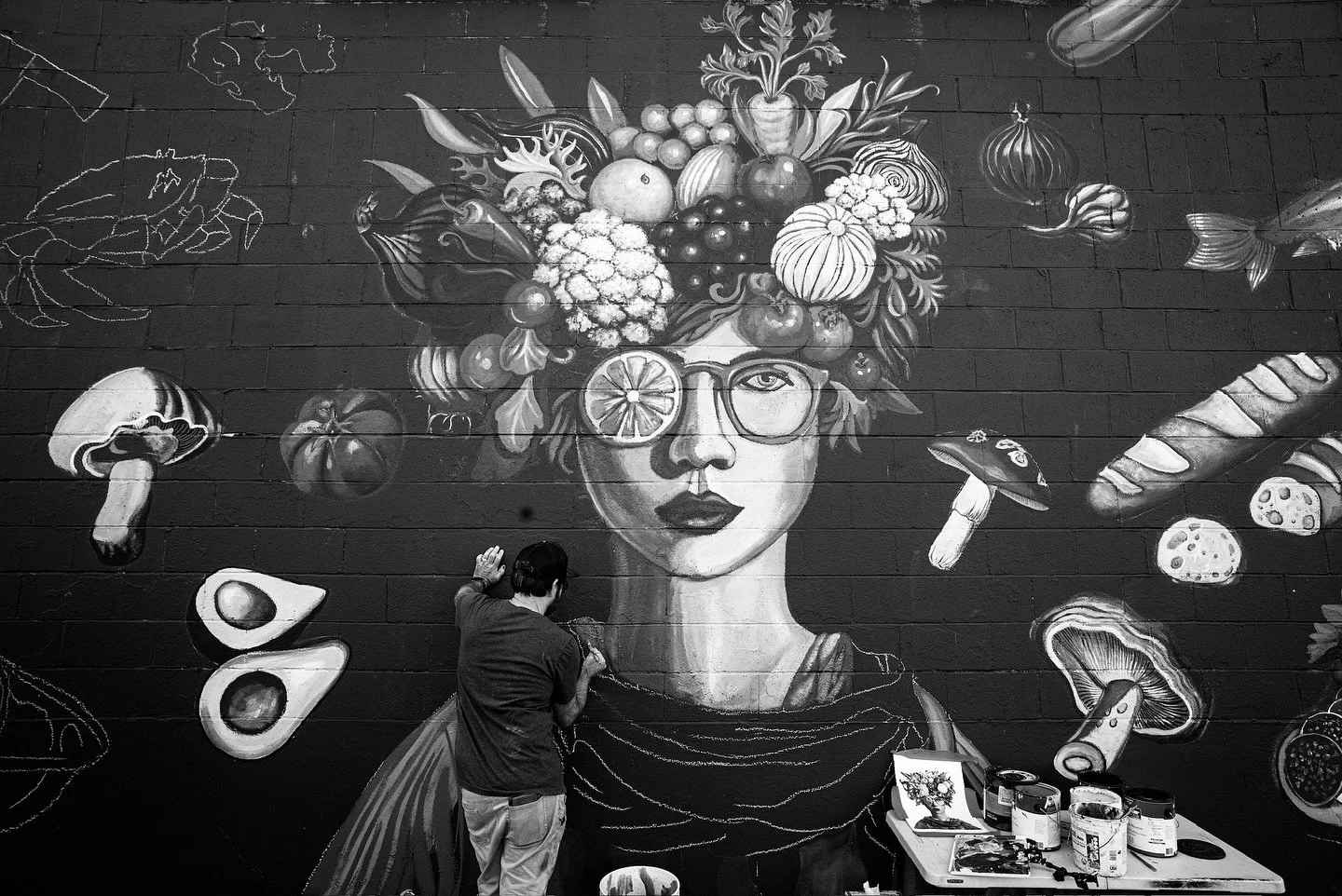 some #wip moments on the @gourmondoco wall this july - what should we call this one? big chickie? my little strawberry? psa: the chicken came first, there is no egg. 
artist: @jasonpuccinelli 
🍜toe: @austin_wil 
#overallcreative #hopecorpsmurals