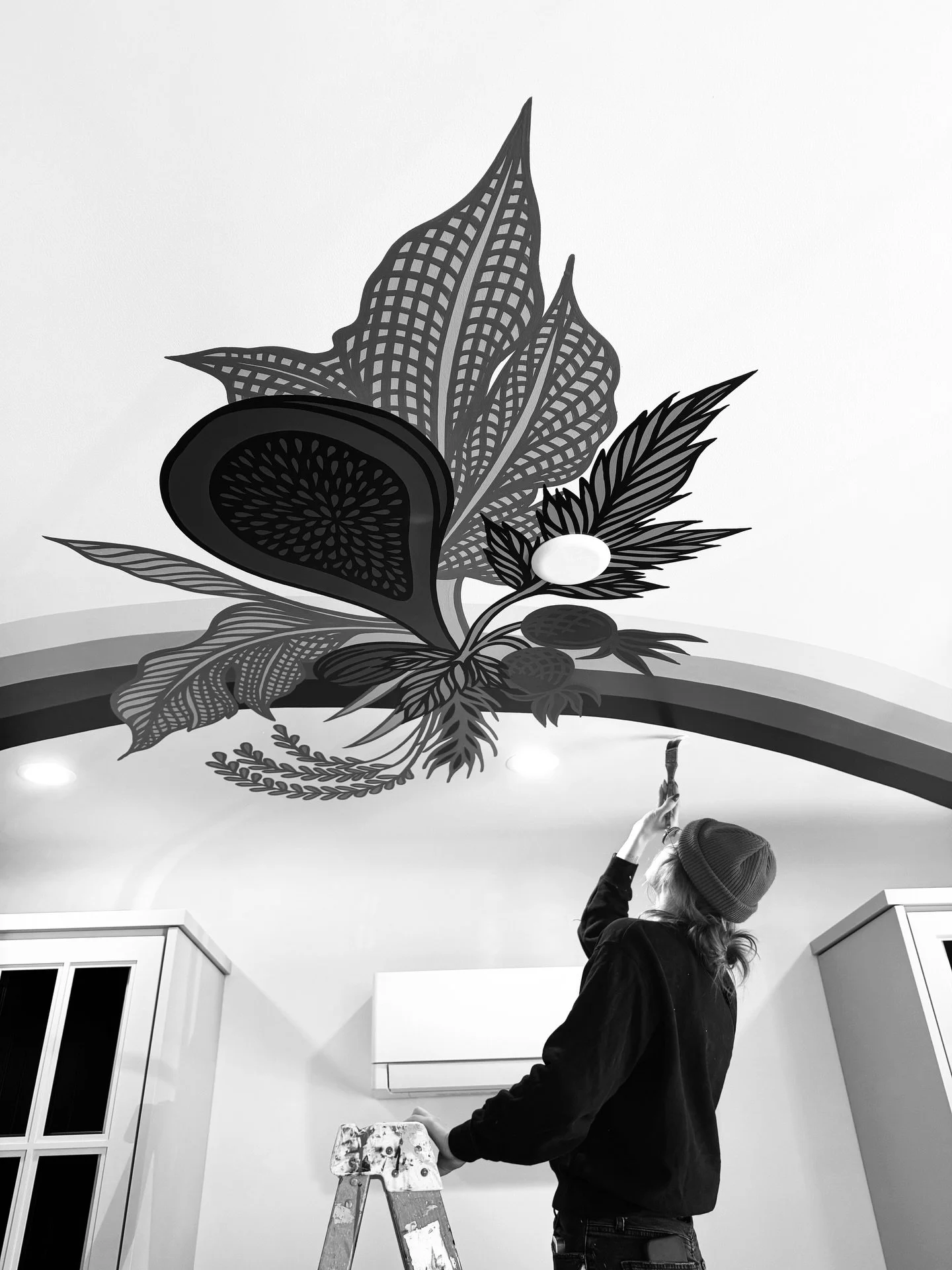 thrilled to announce: we now paint ceilings! *so* excited to share this two part mural with you. @bonesandgold absolutely heard the design prompt and crushed the execution (and somehow her neck lived to see another day!) - thank you @atelierdrome for