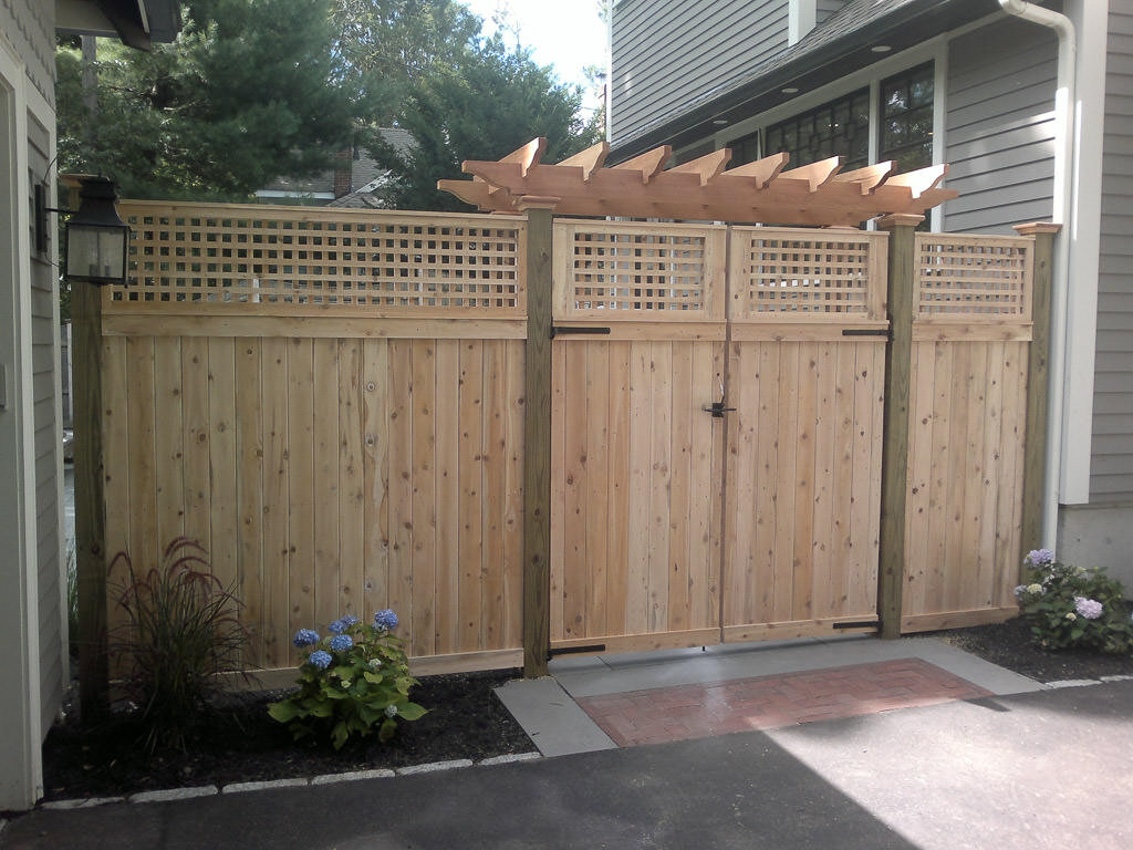 cedar board and lattice with pergola