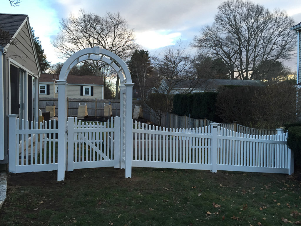 vinyl arbor with chesnut hill fence in Wellesley