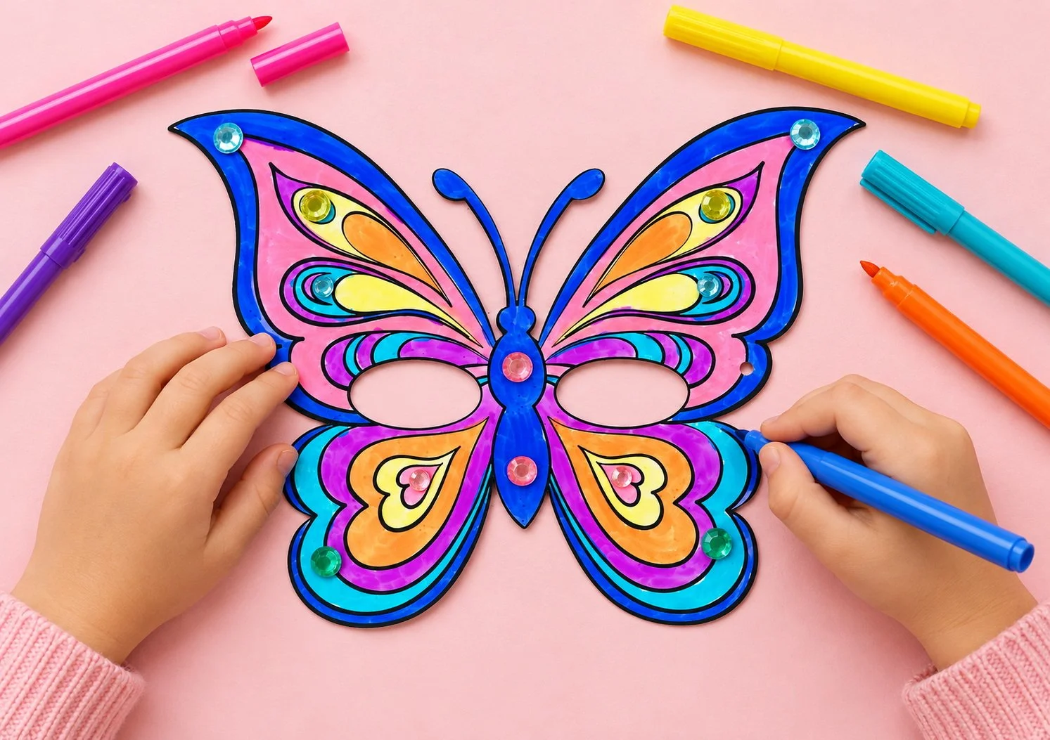 Child colours a bright butterfly mask decorated with gems, surrounded by colourful felt-tip pens