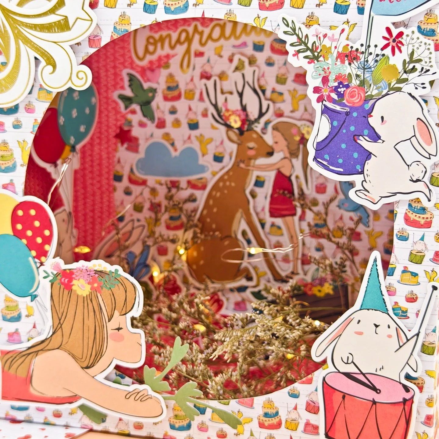 Handmade decor with paper,diecuts,fairy lights and dried flowers&mdash;warm glow for your desk!-happd day collection