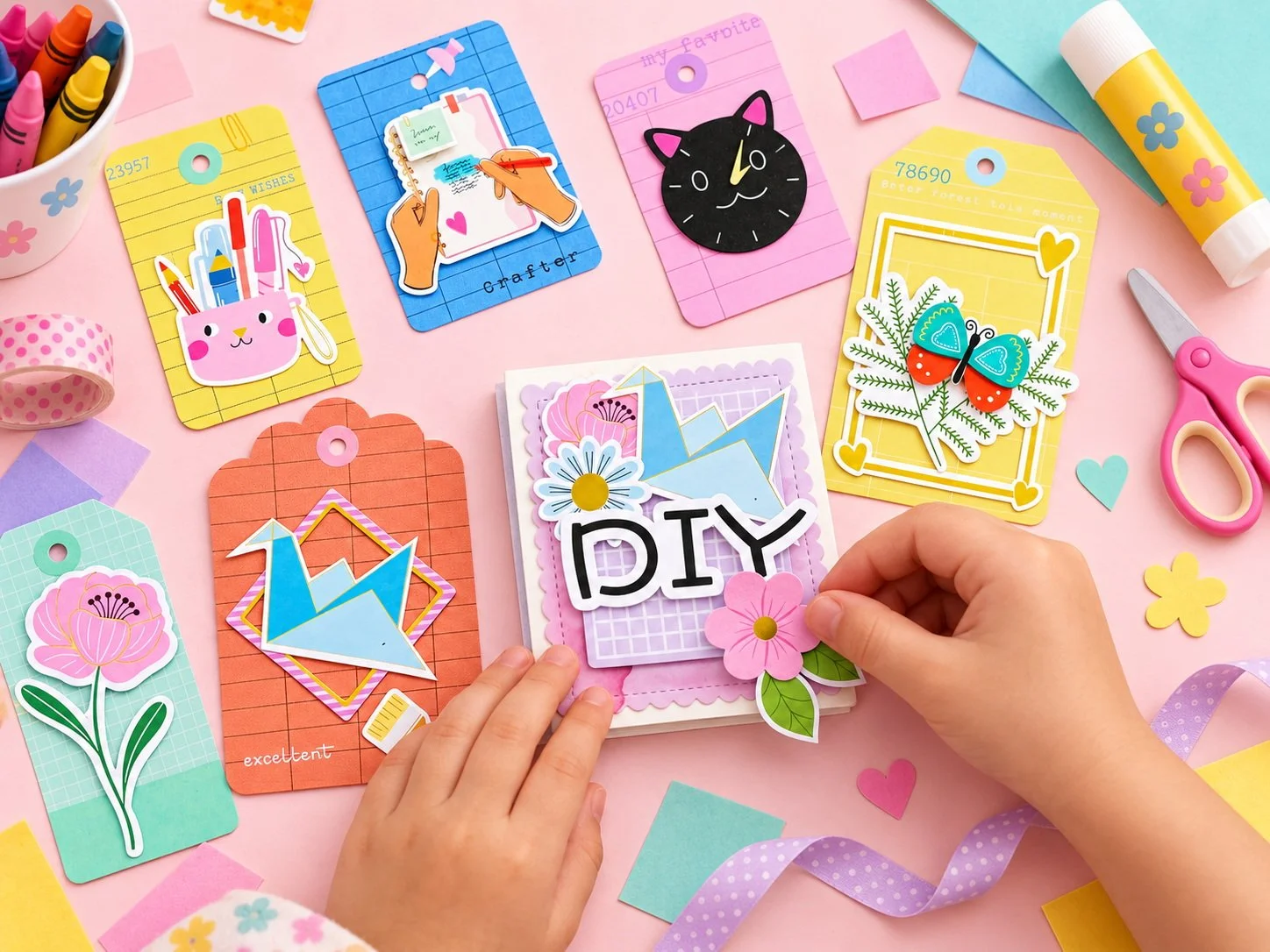 Children’s hands decorating a colourful DIY paper craft card, surrounded by tags, crayons, scissors and bright craft supplies.