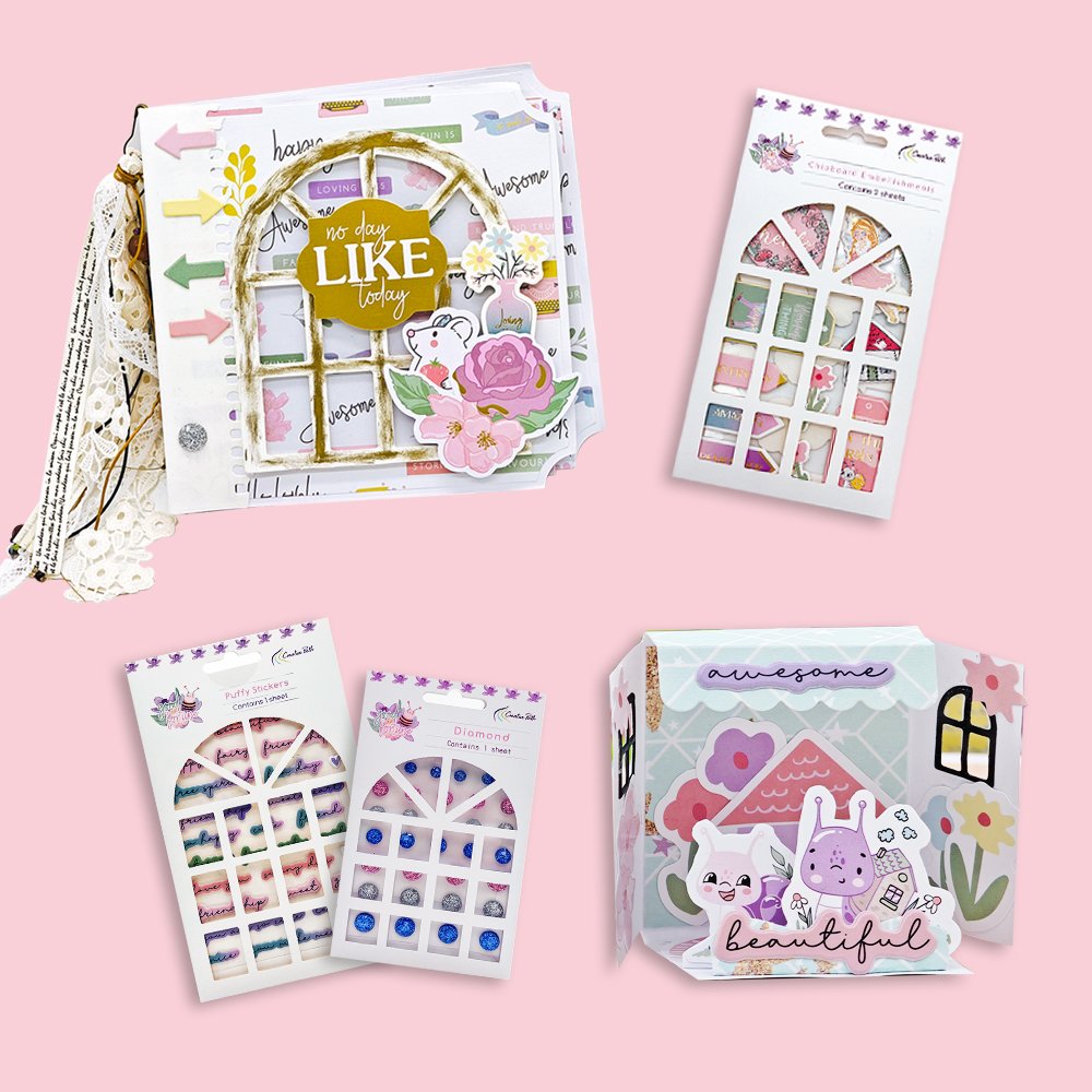 Good Fortune mini album, puffy and gem stickers, and a pastel house-shaped paper craft project.