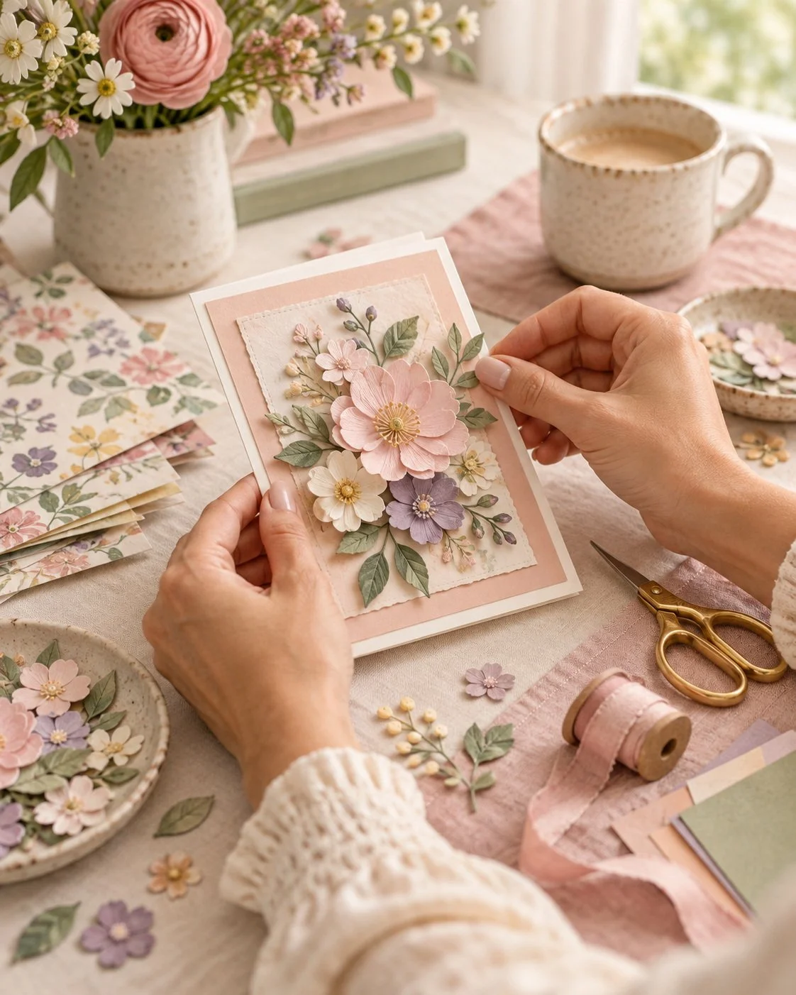 Hands arranging a layered floral paper craft card in a warm creative workspace.