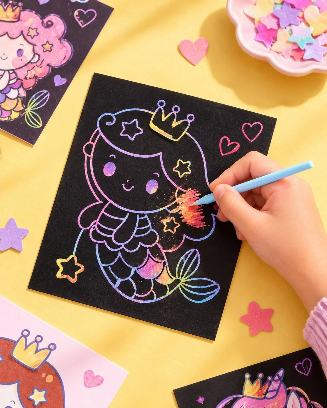 Child scratching a rainbow mermaid design on a black craft card, surrounded by colourful shapes