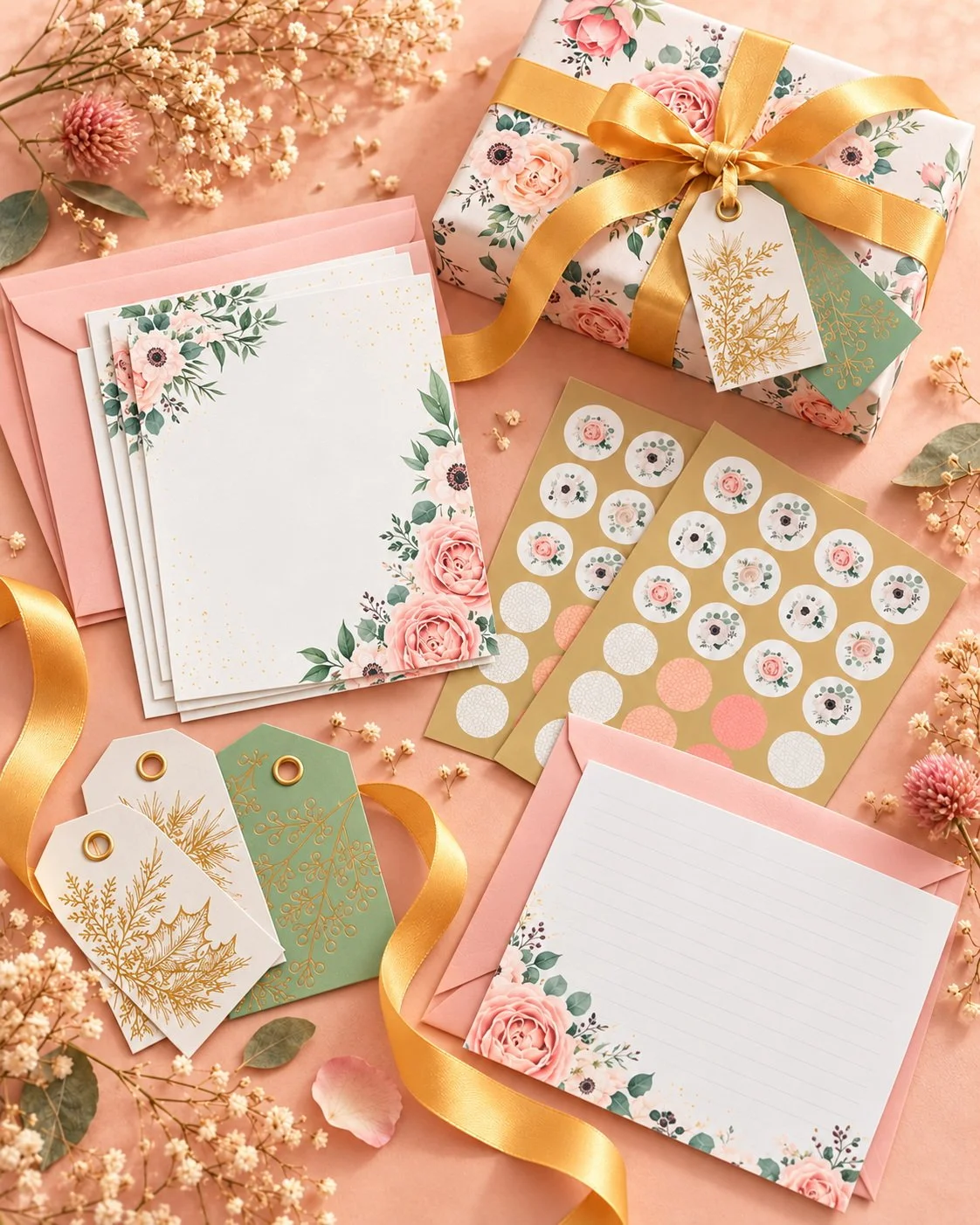 A5 floral notecards and matching envelopes with gift-wrapping pieces on a peach background.