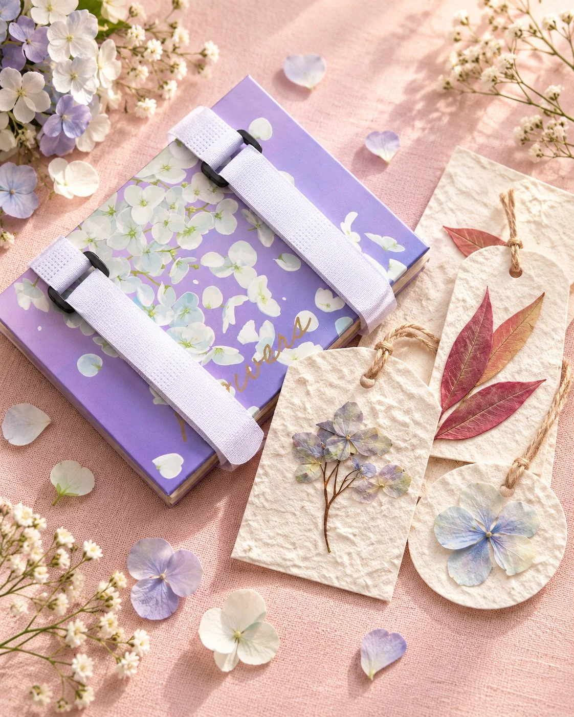 Lavender flower press with handmade paper tags and pressed flowers on a soft blush background