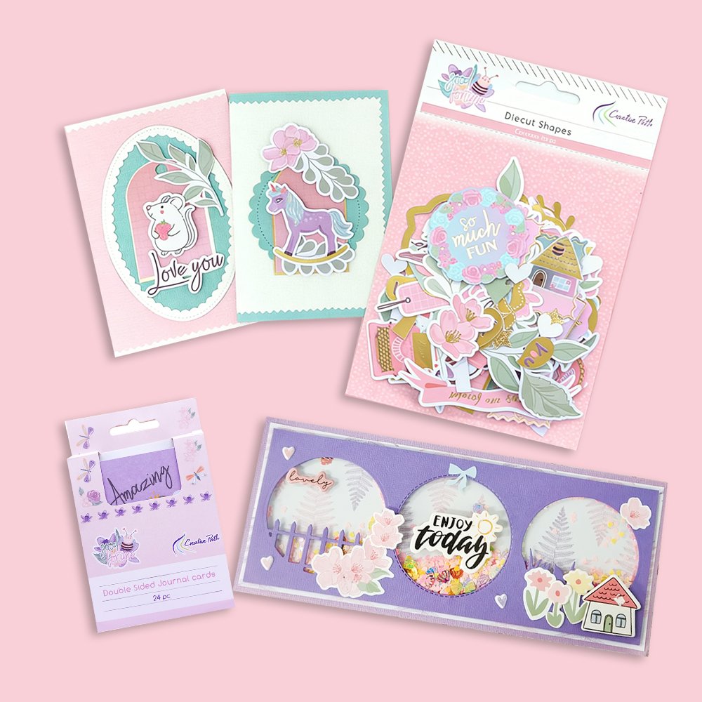 Good Fortune die-cut shapes, journal cards and a floral shaker card in pink, mint and purple.