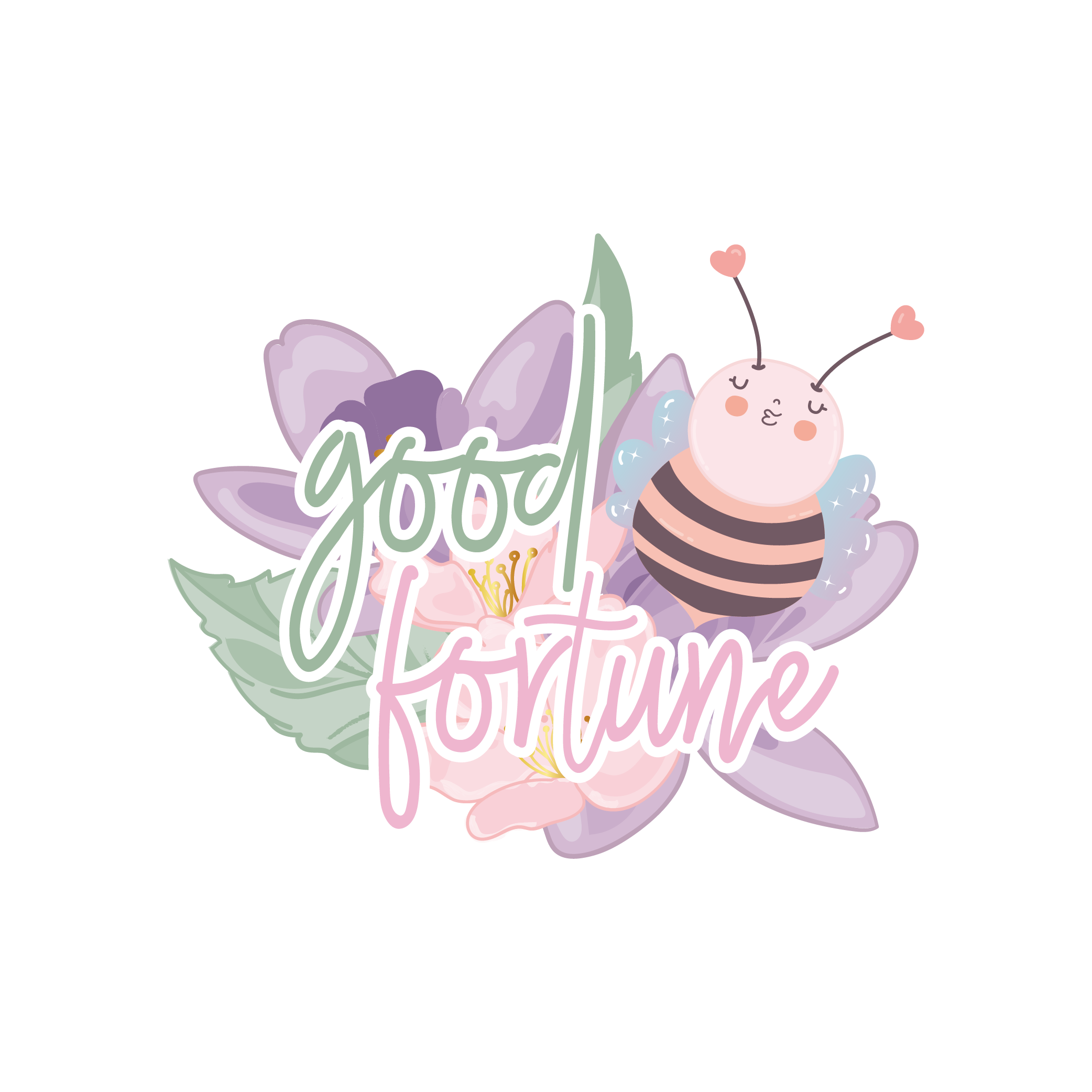 Good Fortune collection logo with a smiling bee, pastel flowers and leafy details.