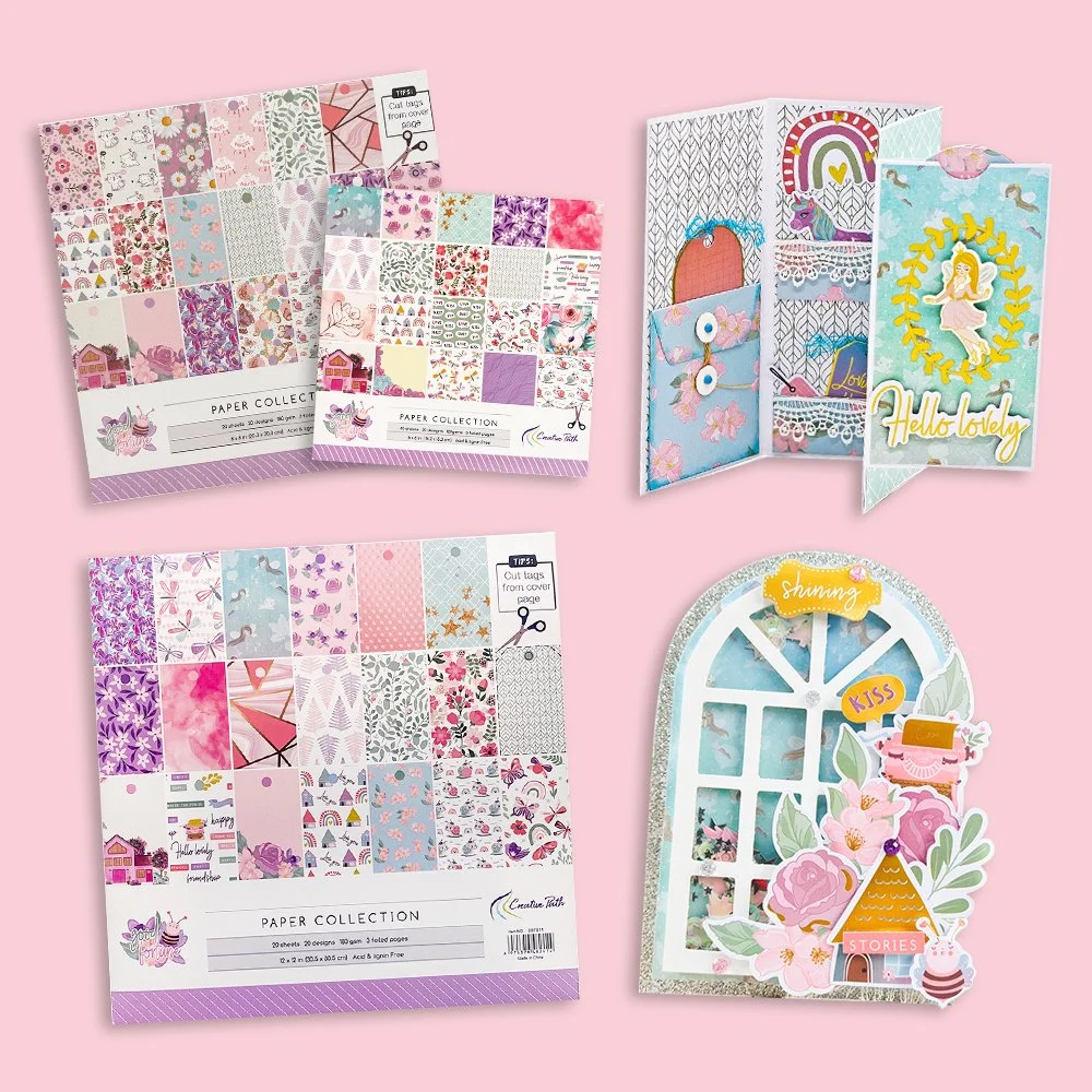Good Fortune patterned paper packs with pastel floral mini albums and a layered window-frame craft project.