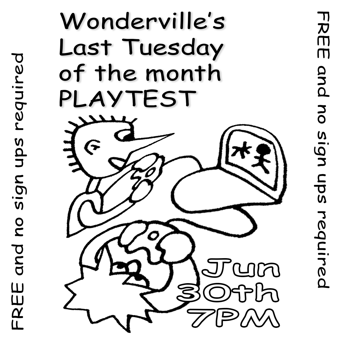Wonderville's Last Tuesday of the month PLAYTEST Flyer