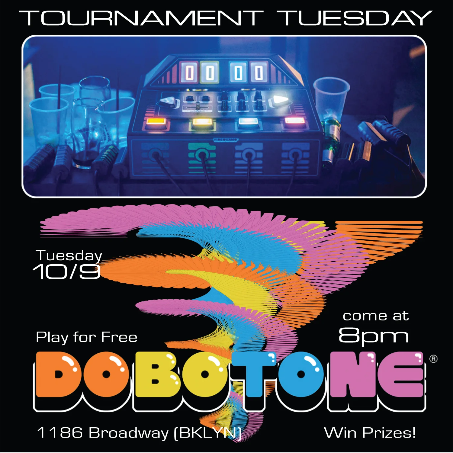 Tickets: https://withfriends.co/event/2573347/tournament_tuesday_dobotone Free to Play and Compete! September 10th - 8PM HACK OR BE HACKED. DOBOTONE is a 5-player video game console specially designed for partying. Play simple, intuitive, puzzly, action mini-games with two-button controllers, or modify the rules of the game by using the knobs and buttons on the console: Become the fairest Game Master or the meanest Troll Hacker.