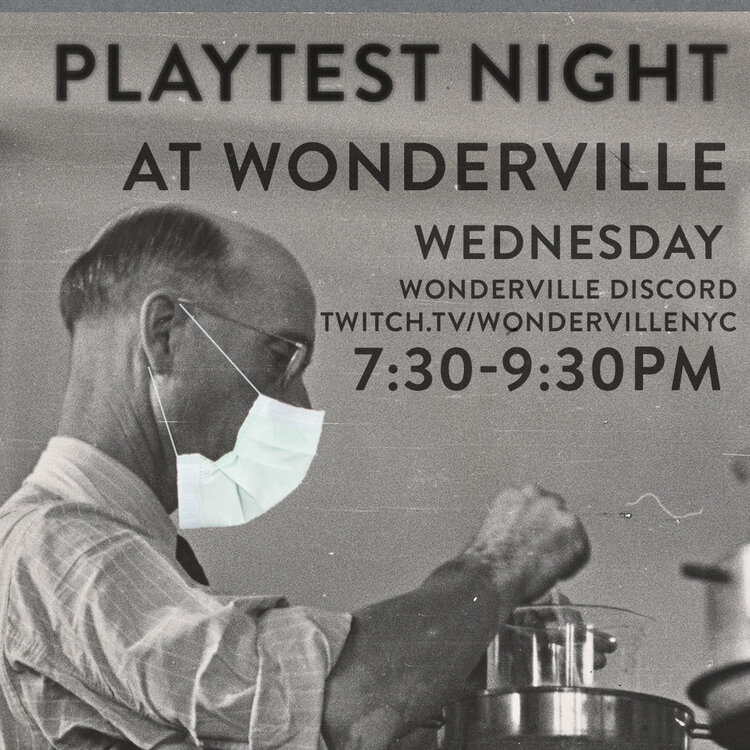 A man wearing a face mask tinkers with scientific equipment in this flyer for Wonderville's playtest night.