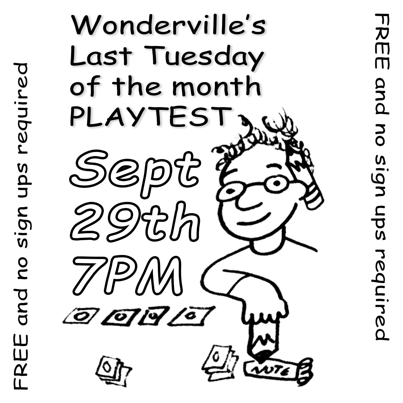 Wonderville's Last Tuesday of the month PLAYTEST Flyer