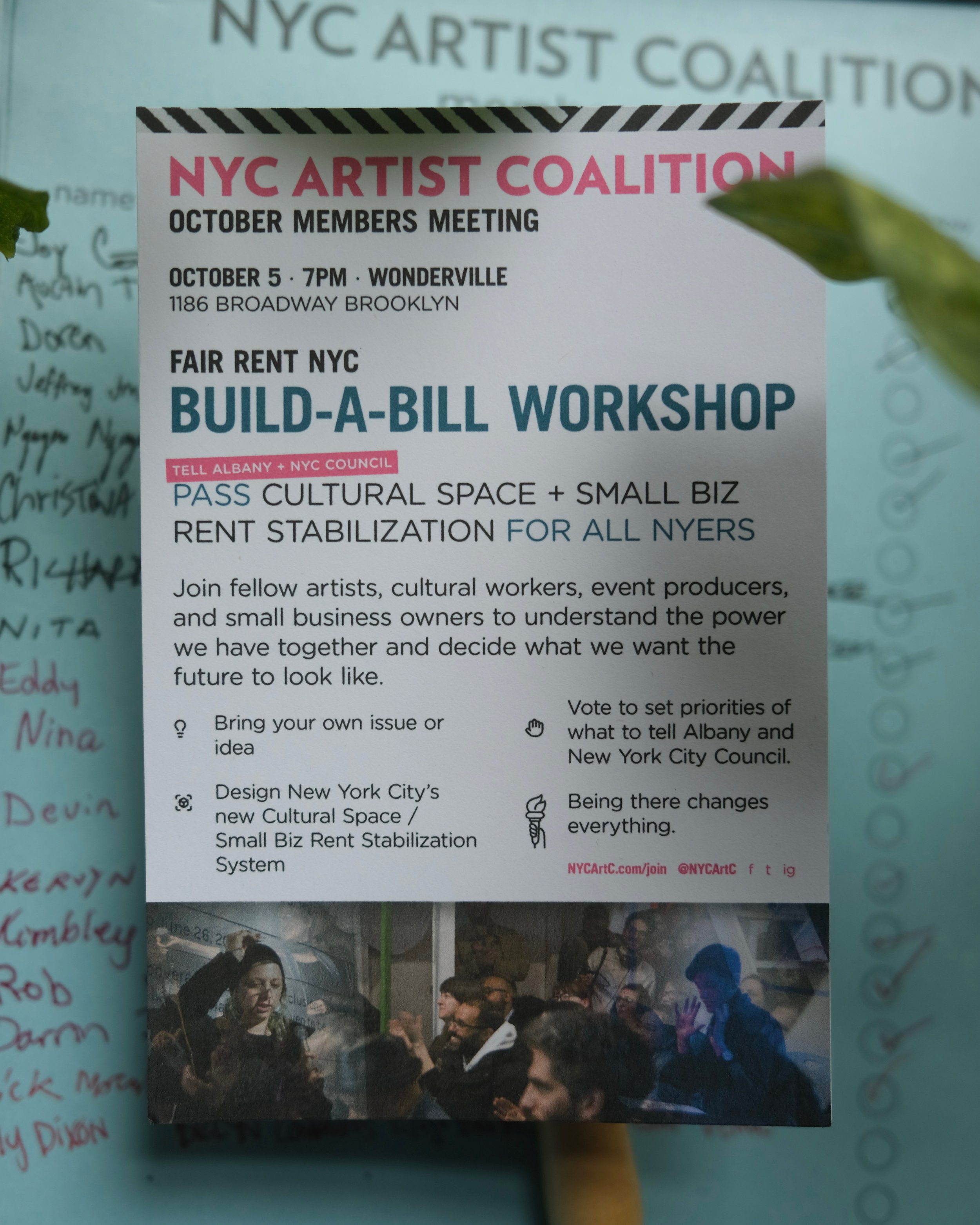 Fair Rent NYC Build-A-Bill Workshop | NYC Artist Coalition - October Meeting Flyer