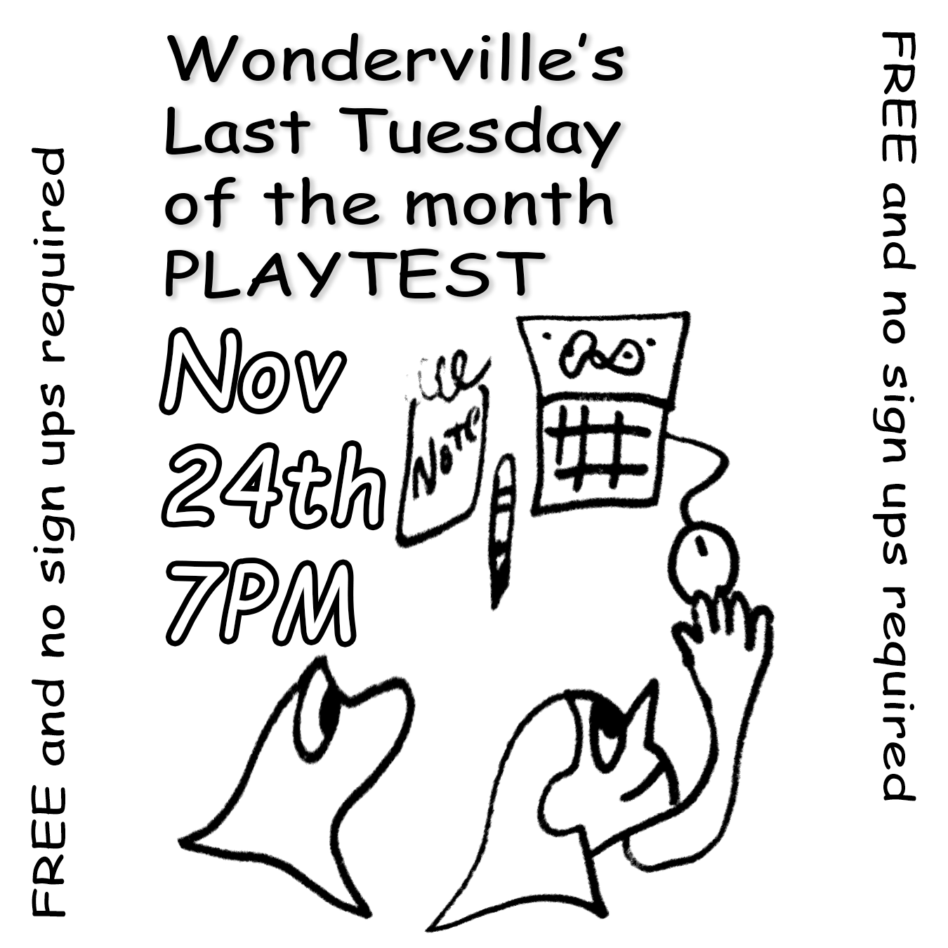 Wonderville's Last Tuesday of the month PLAYTEST Flyer