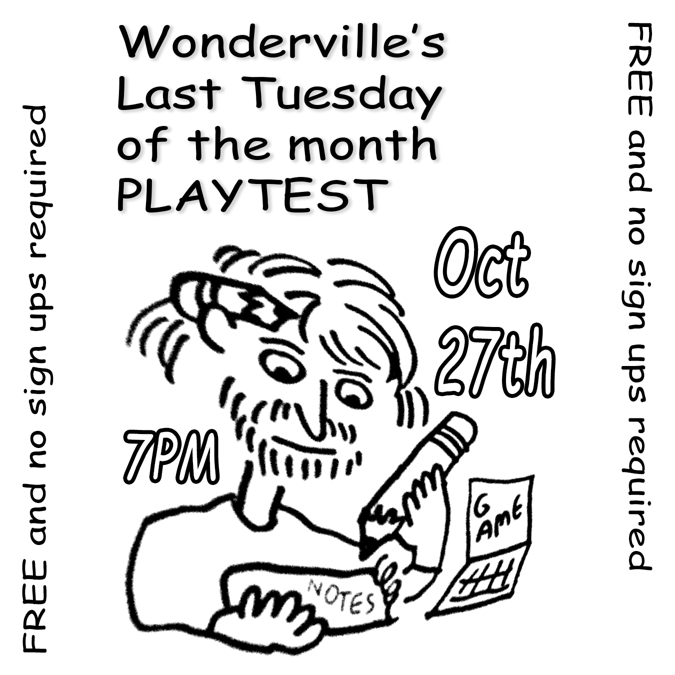 Wonderville's Last Tuesday of the month PLAYTEST Flyer