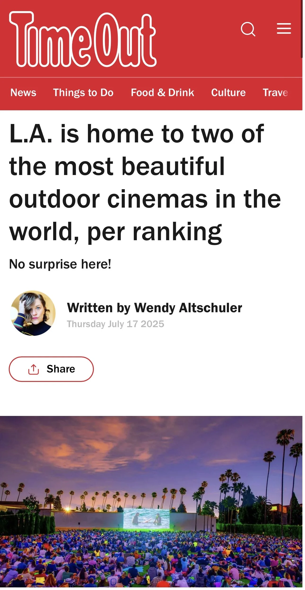 L.A. is home to two of the most beautiful outdoor cinemas in the world, per ranking