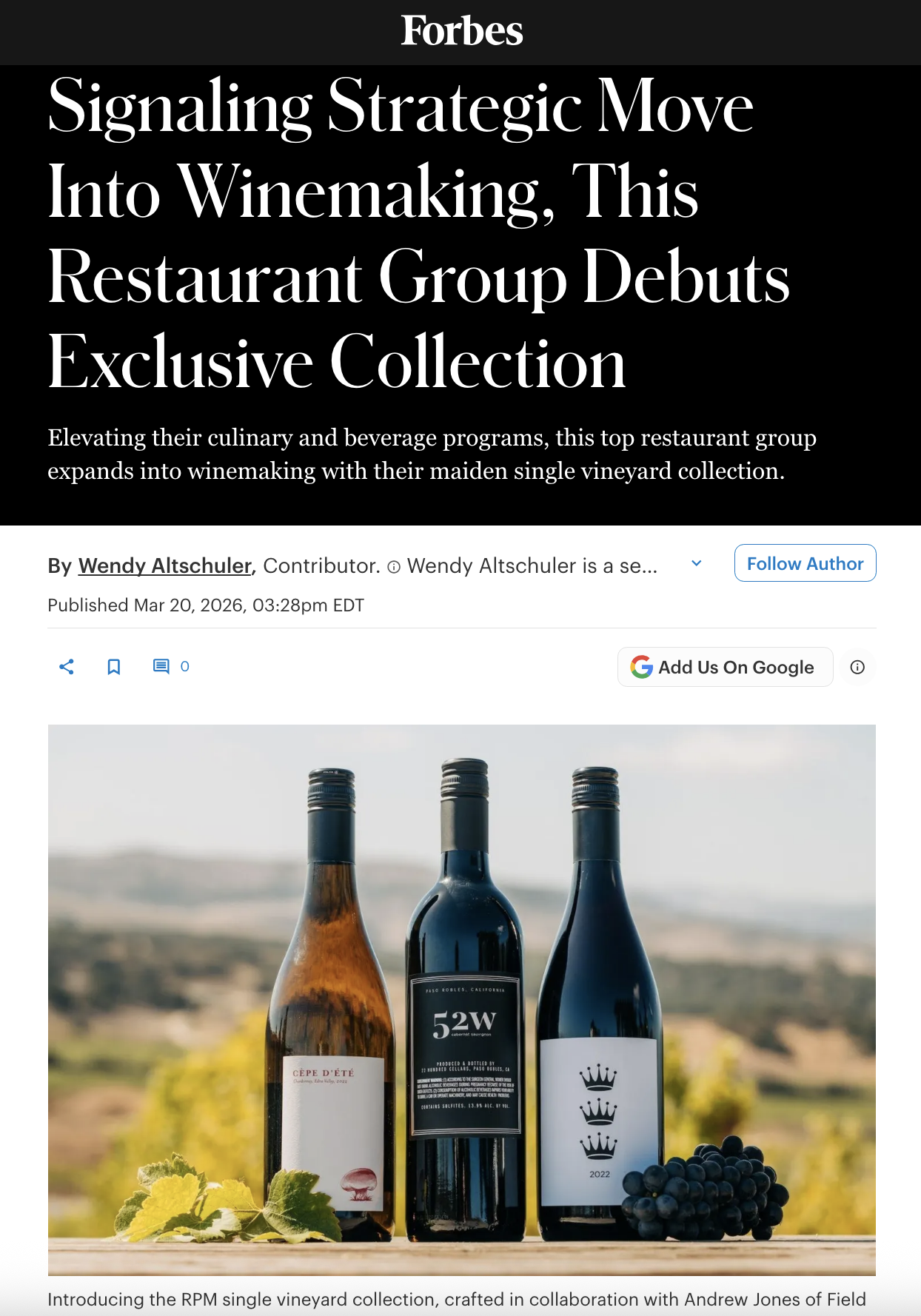 Signaling Strategic Move Into Winemaking, This Restaurant Group Debuts Exclusive Collection