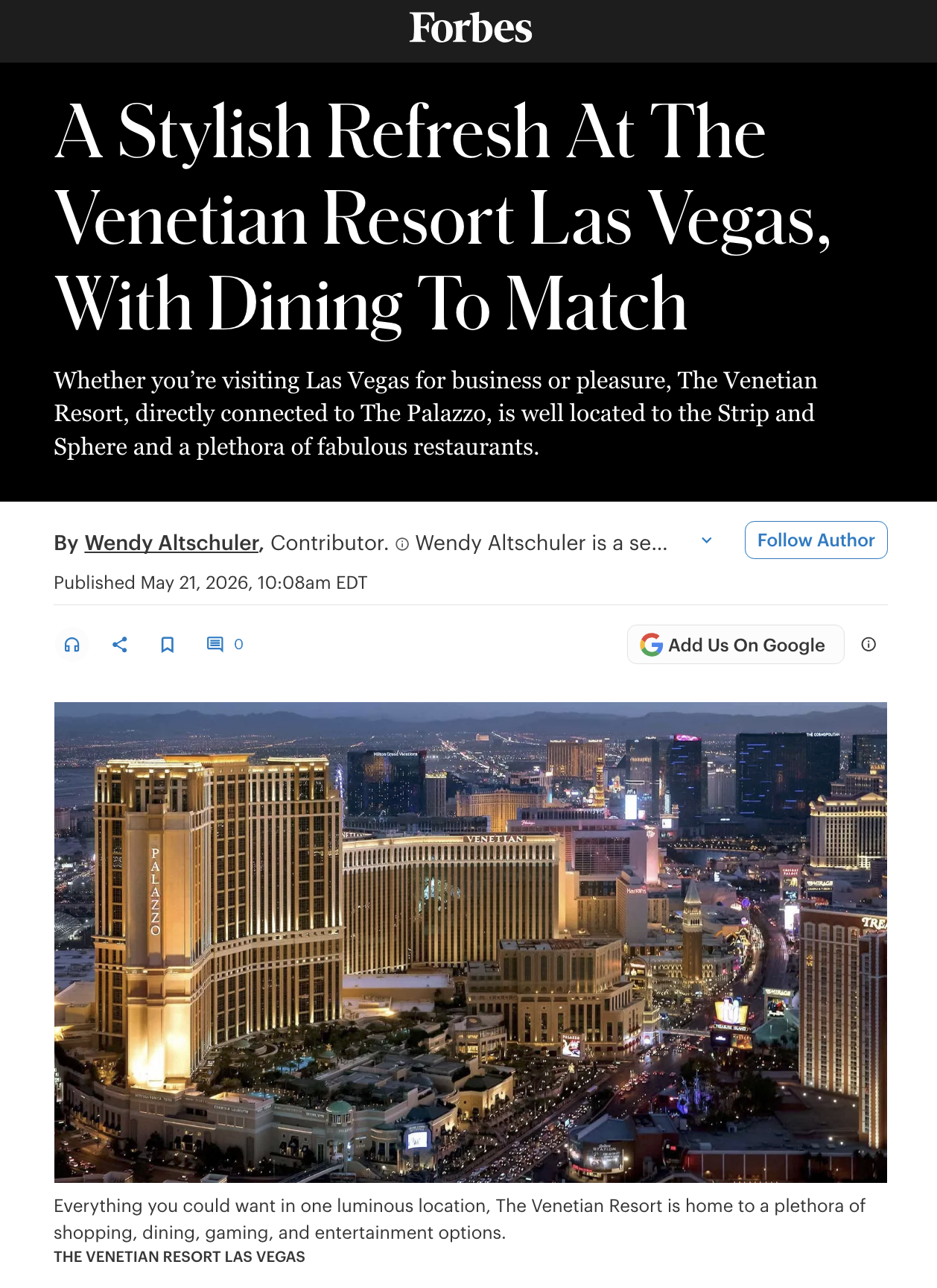 A Stylish Refresh at The Venetian Resort Las Vegas, with Dining to Match 