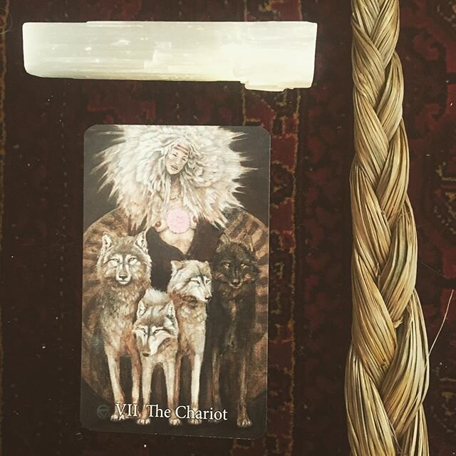 This card, &ldquo;The Chariot&rdquo; from the Mary El deck, is what sparked my interest in Tarot. Not only did the image speak to me (badass wolf lady with lotus heart) but over time the more I learned about Tarot, this card really stood out. The Cha