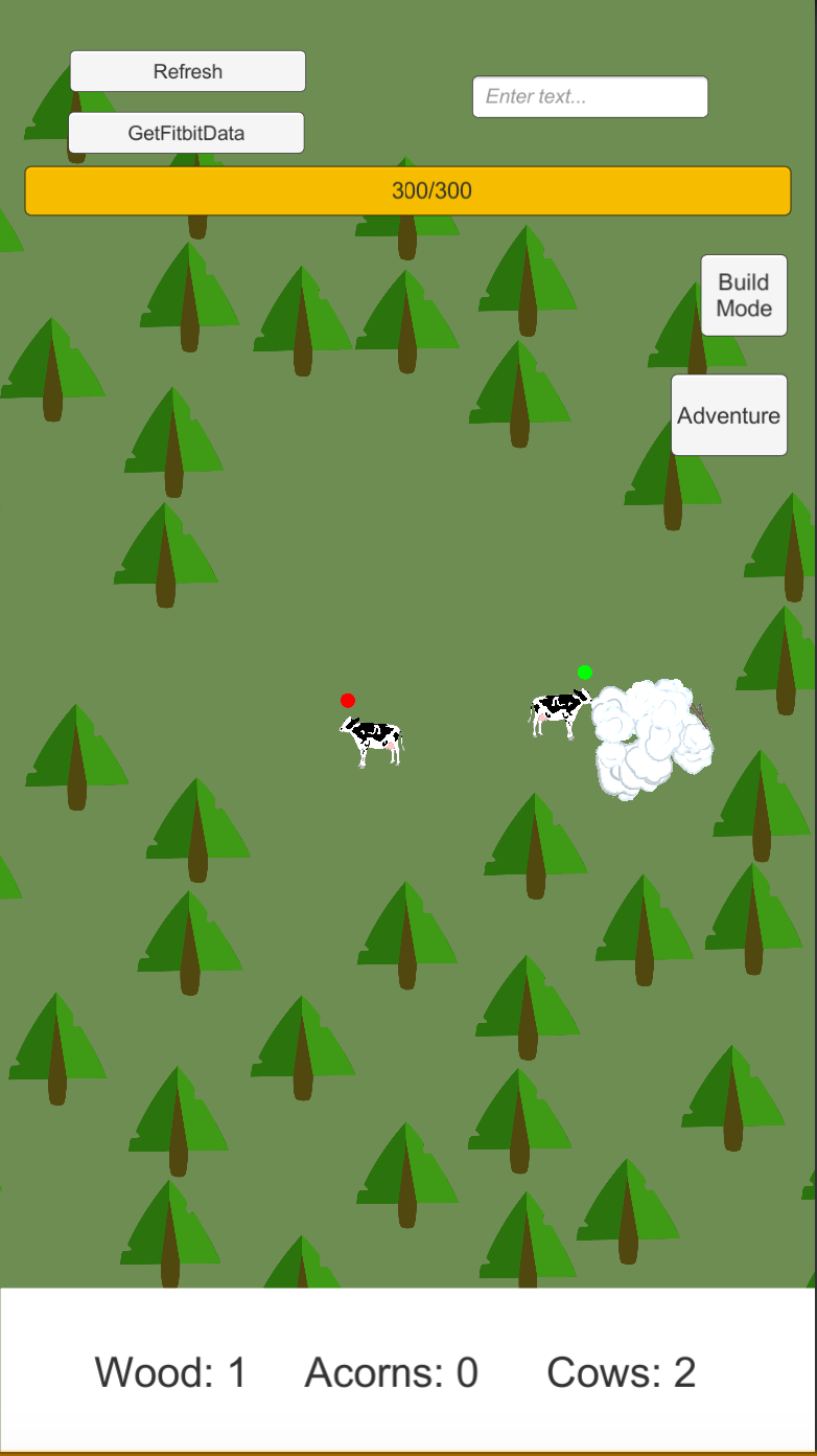 Screenshot of a prototype from April 2017. Players would have to tap on the cows to make them active and then the cows would collide with trees to make sticks.