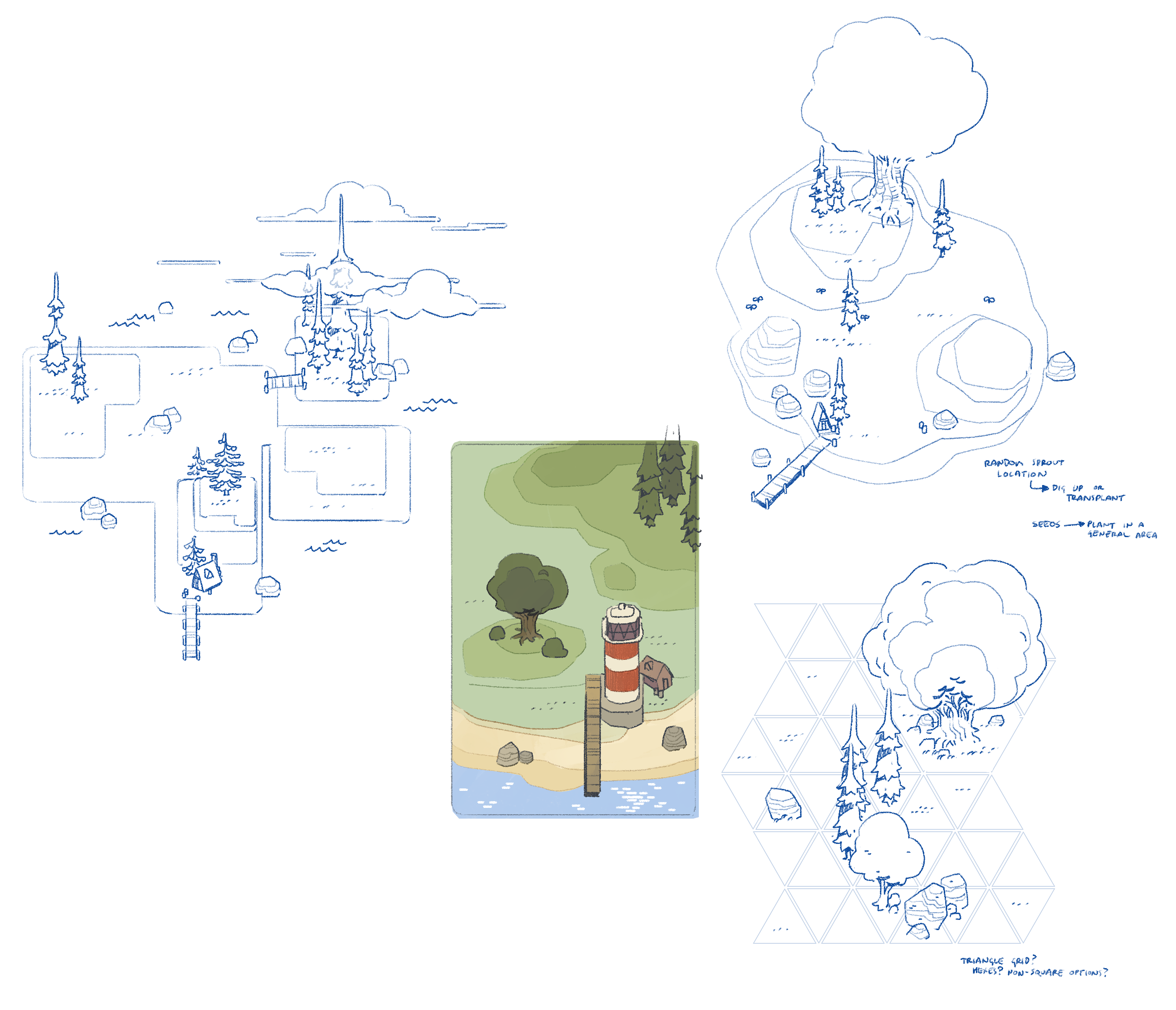 Stepstone Island has an invisible tile map made up of hexagonal tiles, which allows us to track what items are placed where. We decided to use hexagons instead of squares to make the island more organic and less rigid. Art by Steven Sugar.