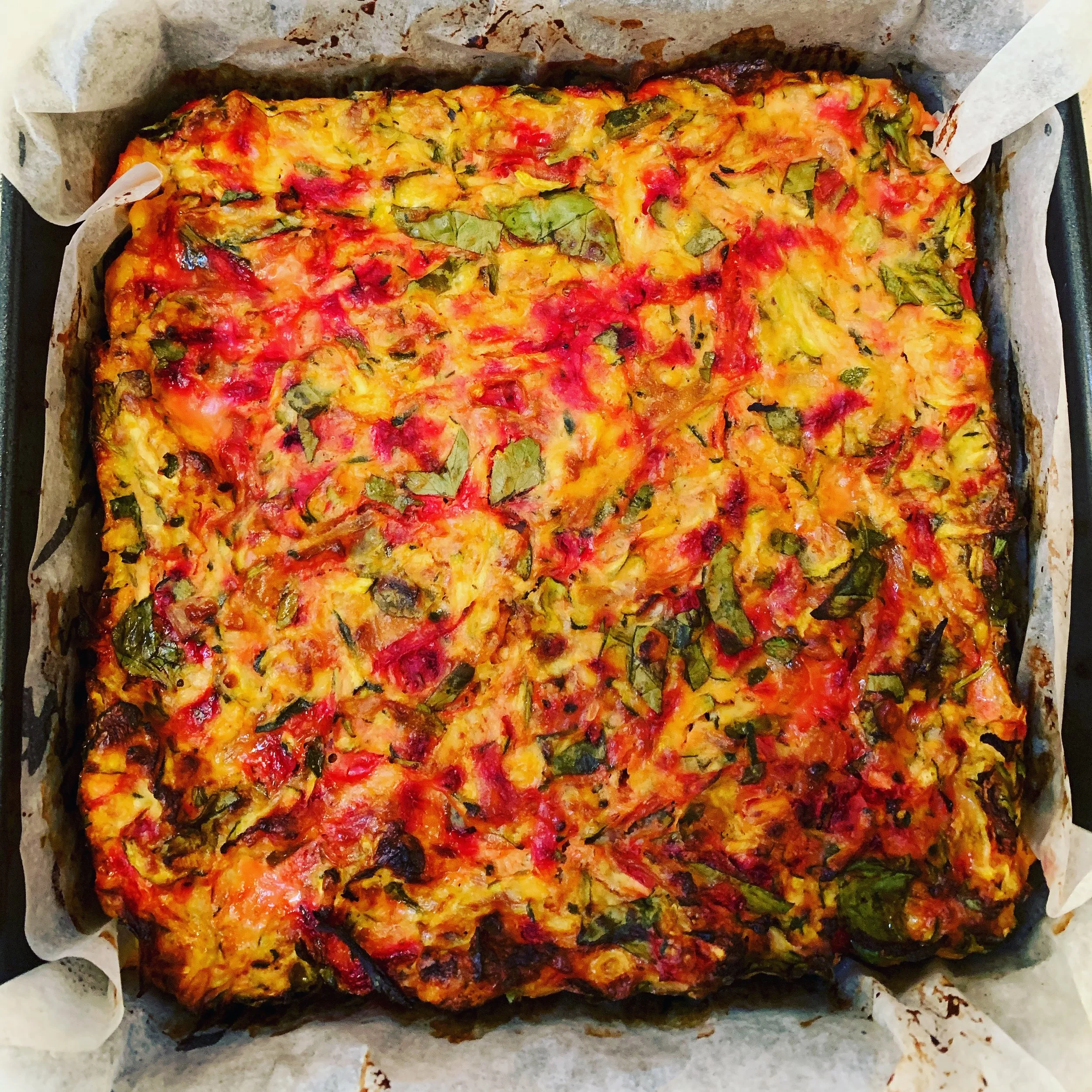 Zucchini, sweet potato, beetroot &amp; cottage cheese slice