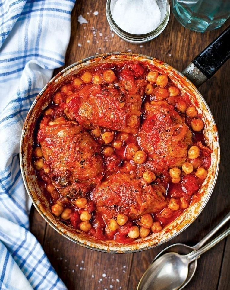 Baked chicken, sweet potato, chickpea and tomato