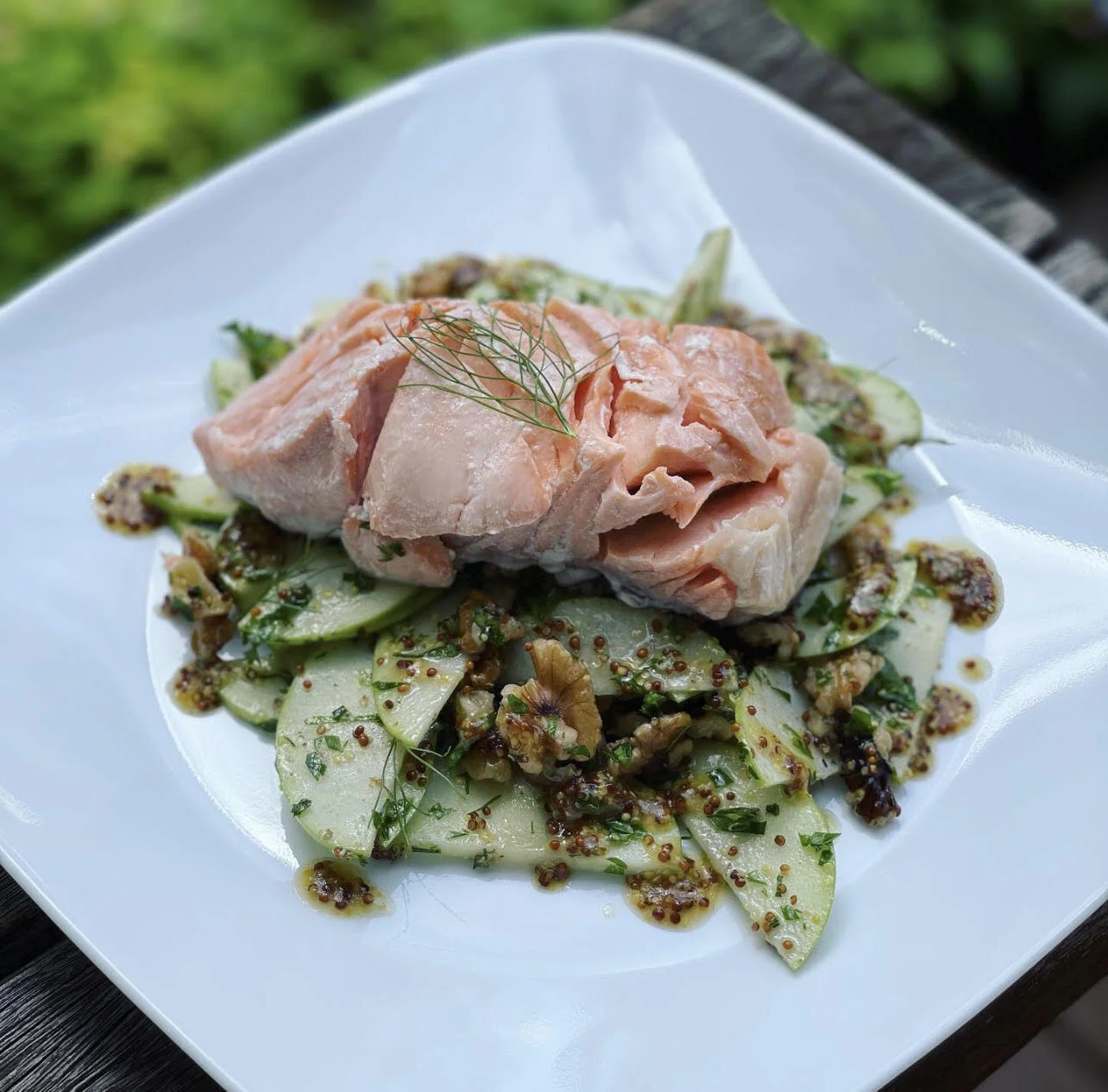 Poached salmon with a apple walnut salad
