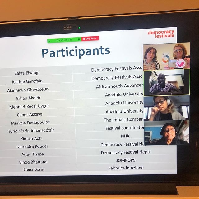 Virtual open office today! Participants from Nepal, Italy, Nigeria and Japan working on the development of #democracyfestivals in their own countries! So inspiring💪