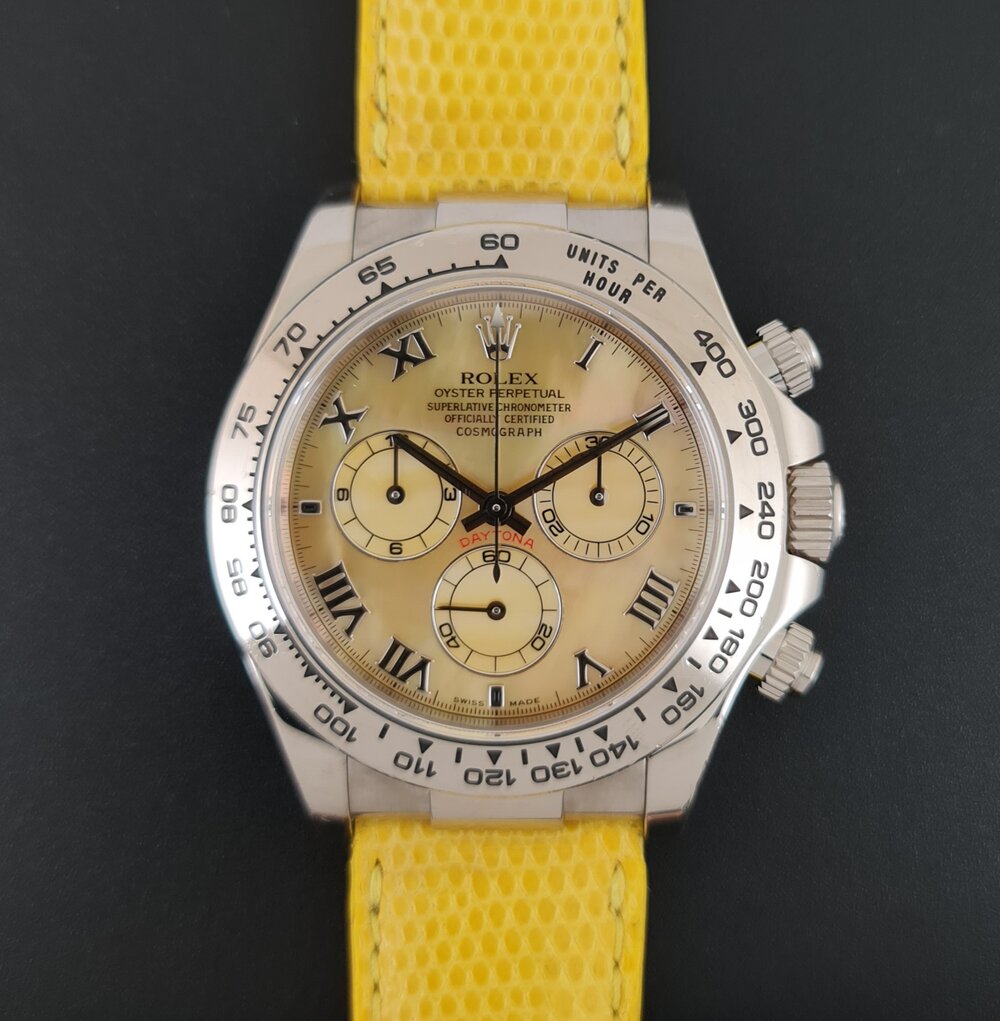 Rolex Daytona Yellow Beach Special 18k White Gold 116519 – Element iN Time  NYC