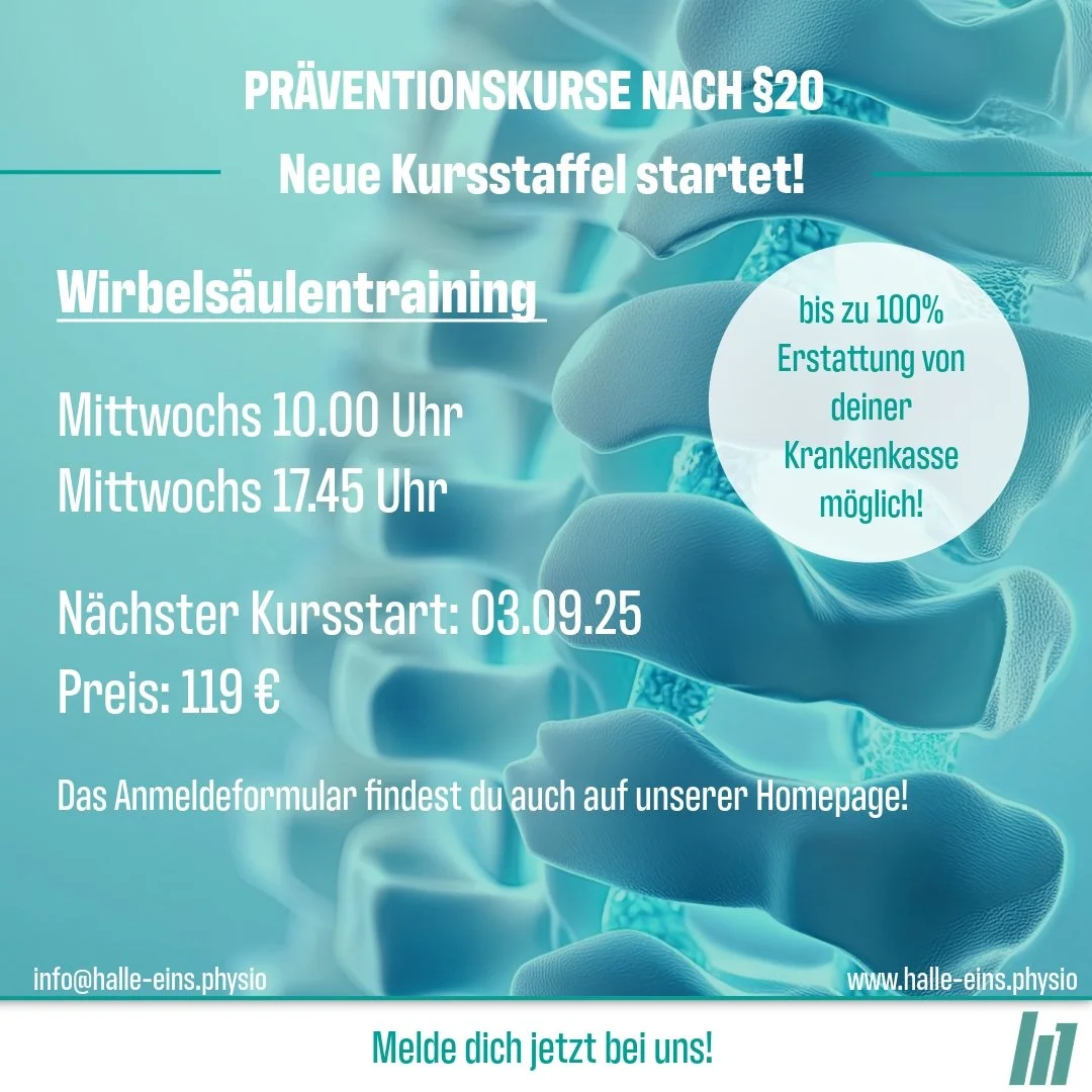 Eine neue Kursstaffel &quot;Wirbels&auml;ulentraining&quot; startet! 🧘💪
🗓 Start: 03.09.2025
📍 Jetzt anmelden!

Du m&ouml;chtest R&uuml;ckenbeschwerden vorbeugen, deine Haltung verbessern und etwas Gutes f&uuml;r dich tun? Dann ist unser zertifizi