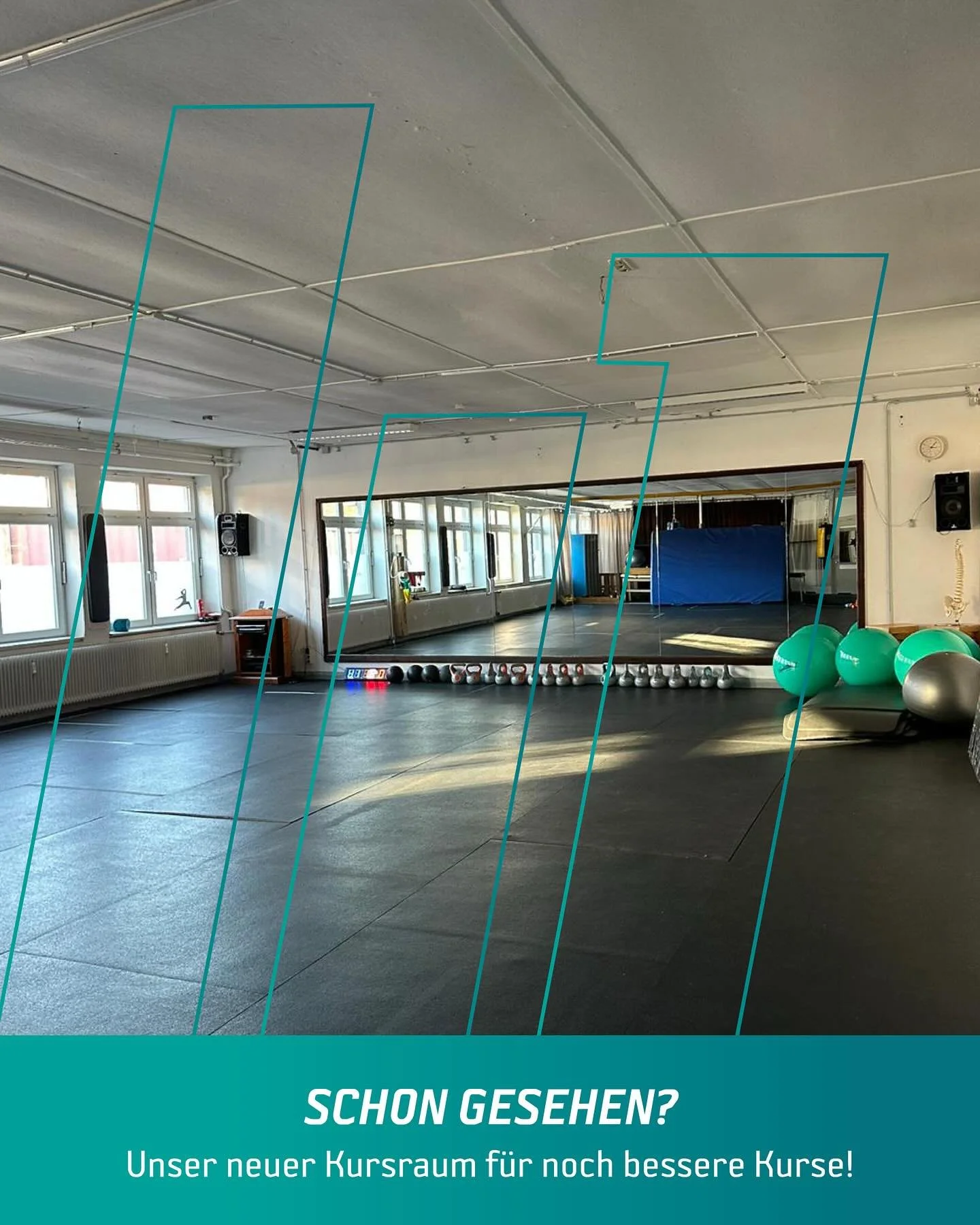 Mehr Platz. Mehr Power. Mehr Bewegung. 🔥

Unser neuer Kursraum ist seit einiger Zeit fertig &ndash; und wir genie&szlig;en es schon, hier gemeinsam mit euch zu trainieren!

Ob Functional Training, R&uuml;ckenfit oder Mobility &ndash; hier wird gesch