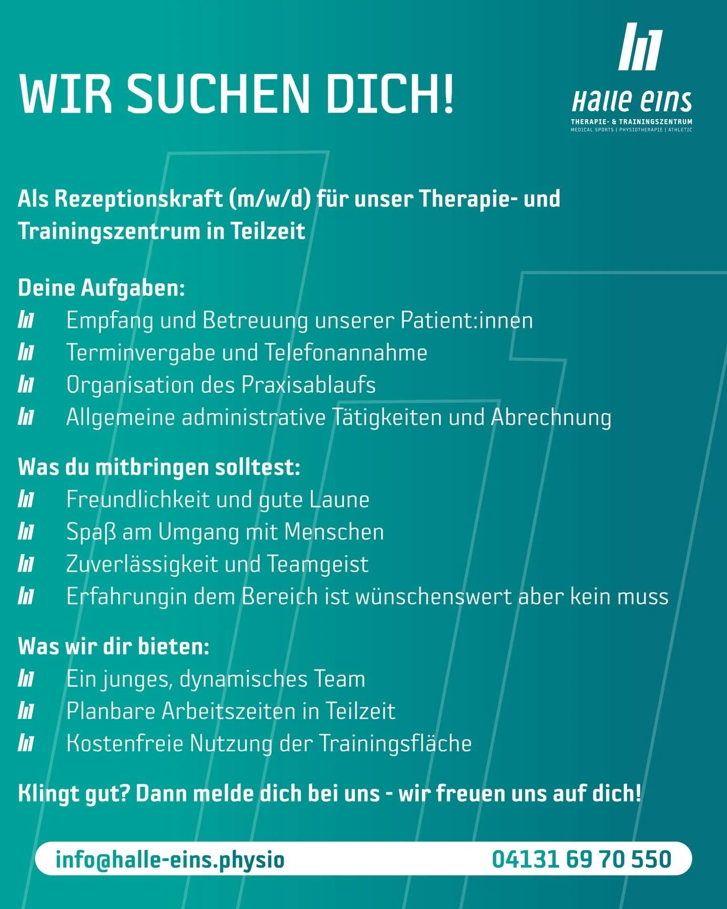 Wir suchen dich 🫵🏼 

Du hast Spa&szlig; am Umgang mit Menschen, beh&auml;ltst auch in stressigen Momenten den &Uuml;berblick und arbeitest gerne im Team?

Dann werde Teil von Halle eins als Rezeptionskraft (m/w/d) in Teilzeit 🫶🏻 

✨Freundliches T