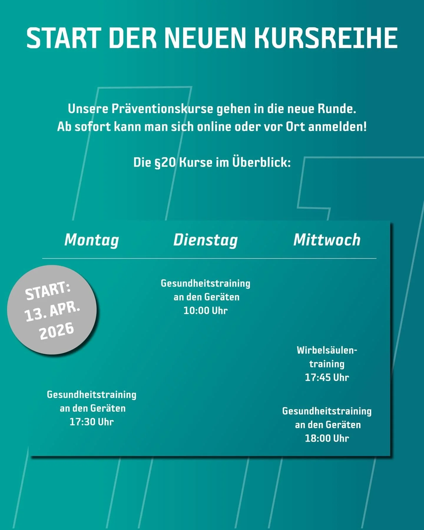 Die Pr&auml;ventionskurse gehen in die n&auml;chste Runde! 💪🏻

Meldet euch jetzt vor Ort oder online an! 📲 

#halleeins #l&uuml;neburg #physio #pr&auml;vention