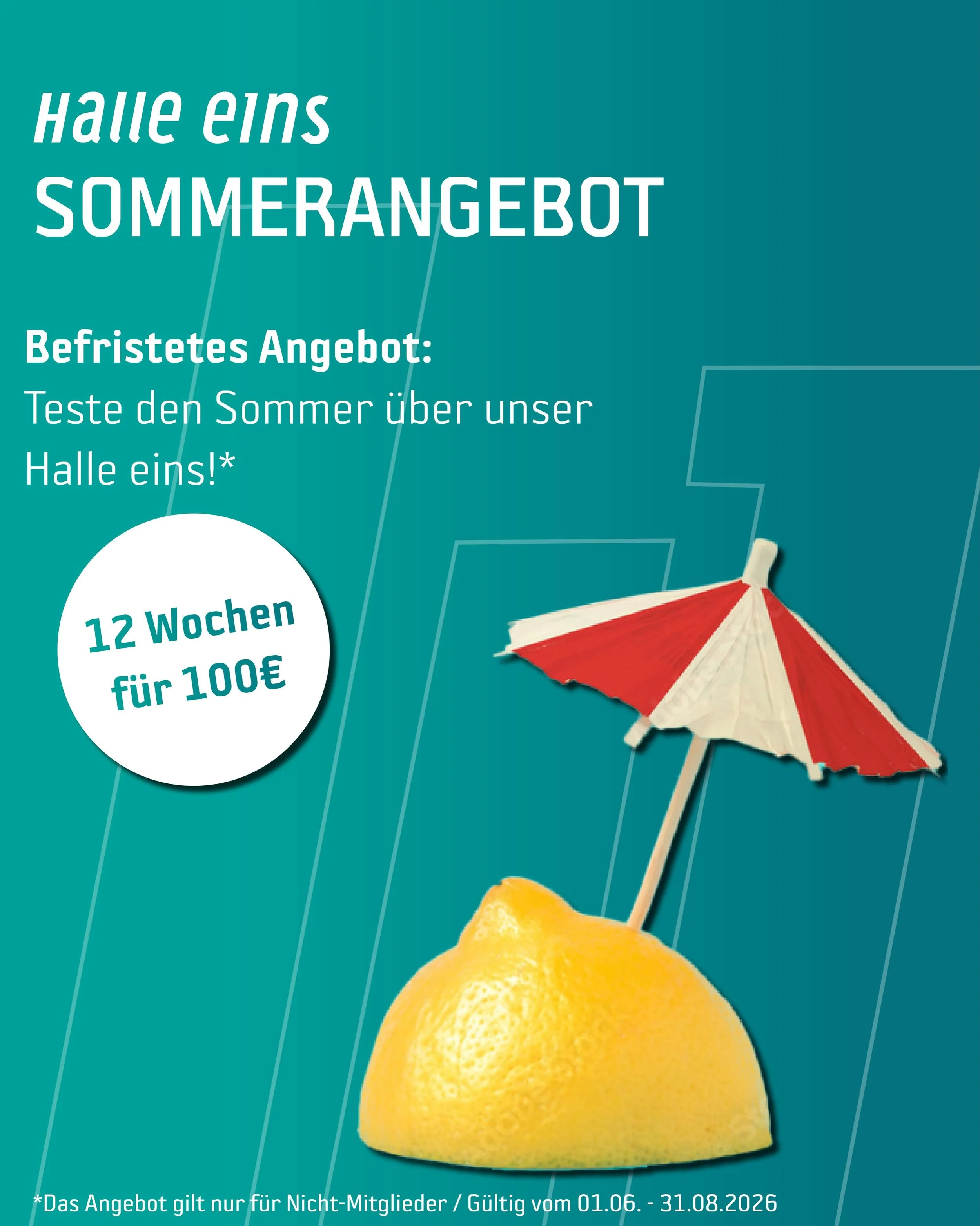 Sichert euch das Halle eins Sommerangebot! ☀️ 

Trainiert 12 Wochen f&uuml;r nur 100&euro; bei uns in der Halle eins und nutzt unsere Angebote! 💪🏻 

Meldet euch daf&uuml;r einfach bei uns am Tresen, wir freuen uns auf euch! 🙌🏾

⚠️ Das Angebot gil