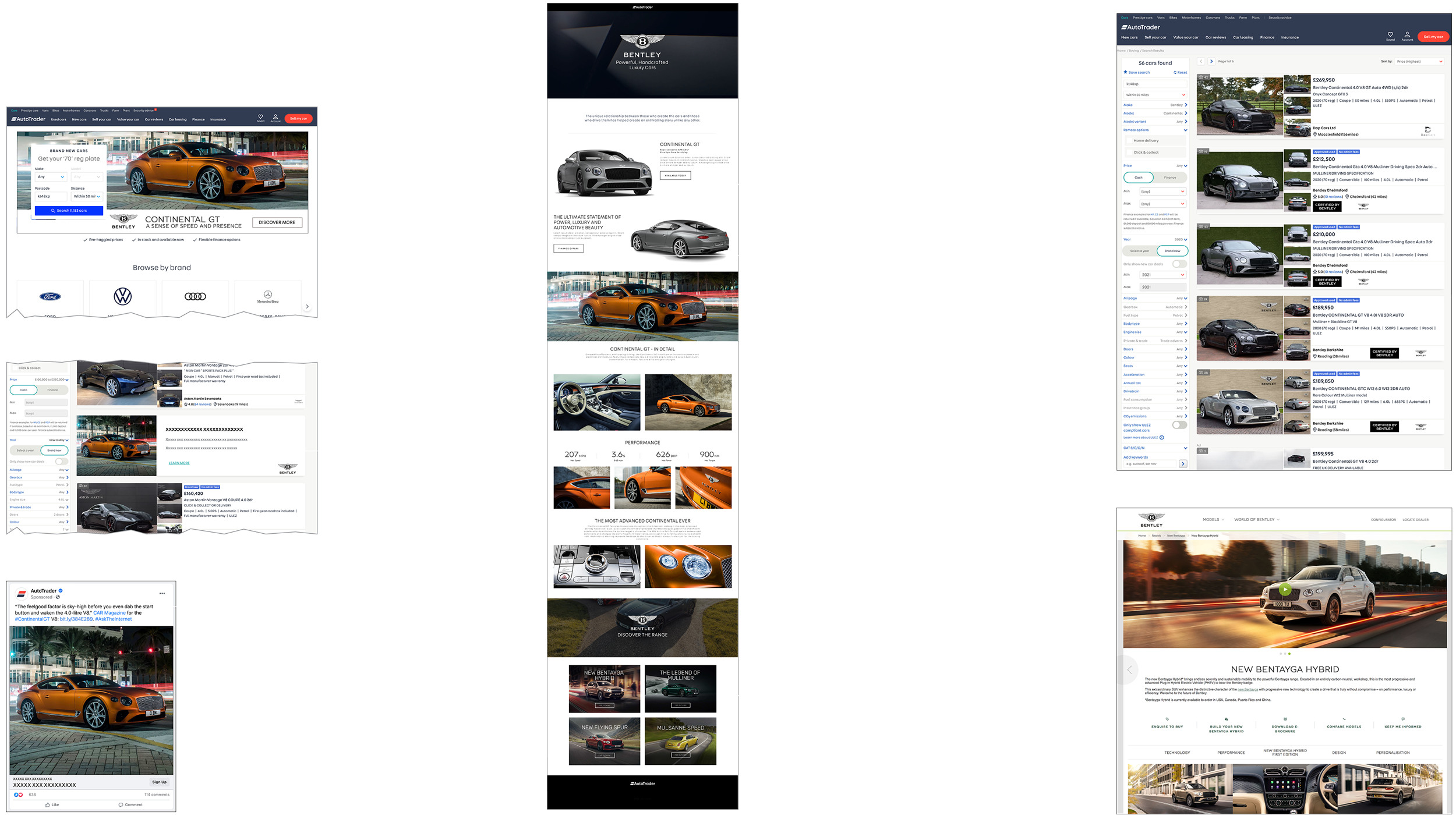 Flowchart demonstrating the online process for browsing, searching, and discovering Bentley vehicles, including various web pages, social media, and landing pages related to Bentley car models.
